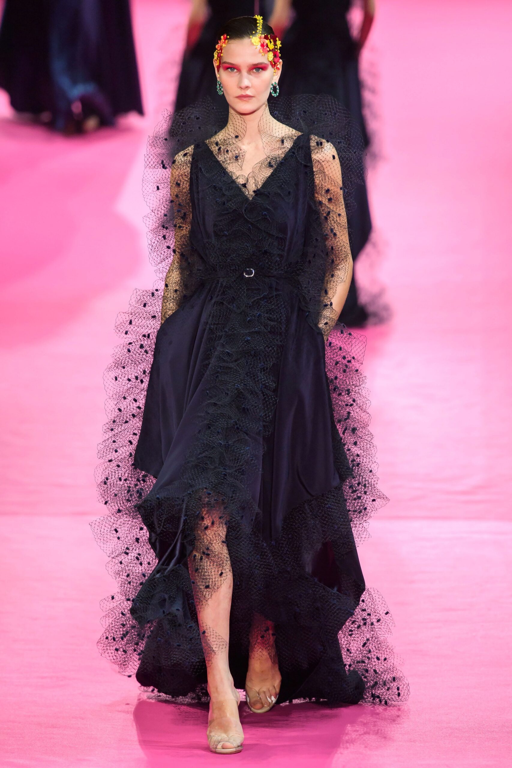 black ruffled midi dress