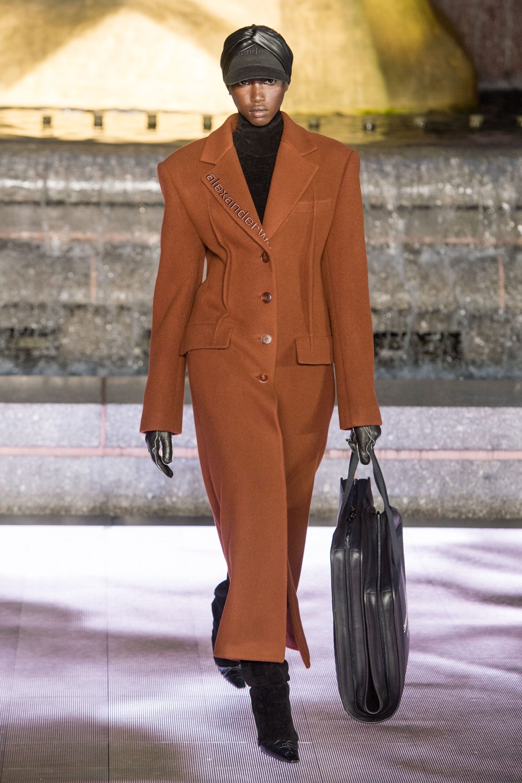 brown wool long-sleeve collared fitted structured maxi coat