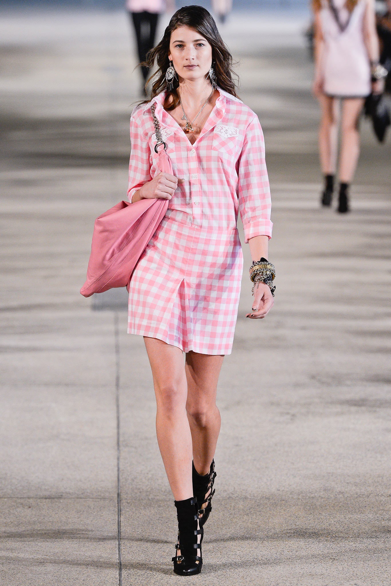 pink checked dress with black shoes