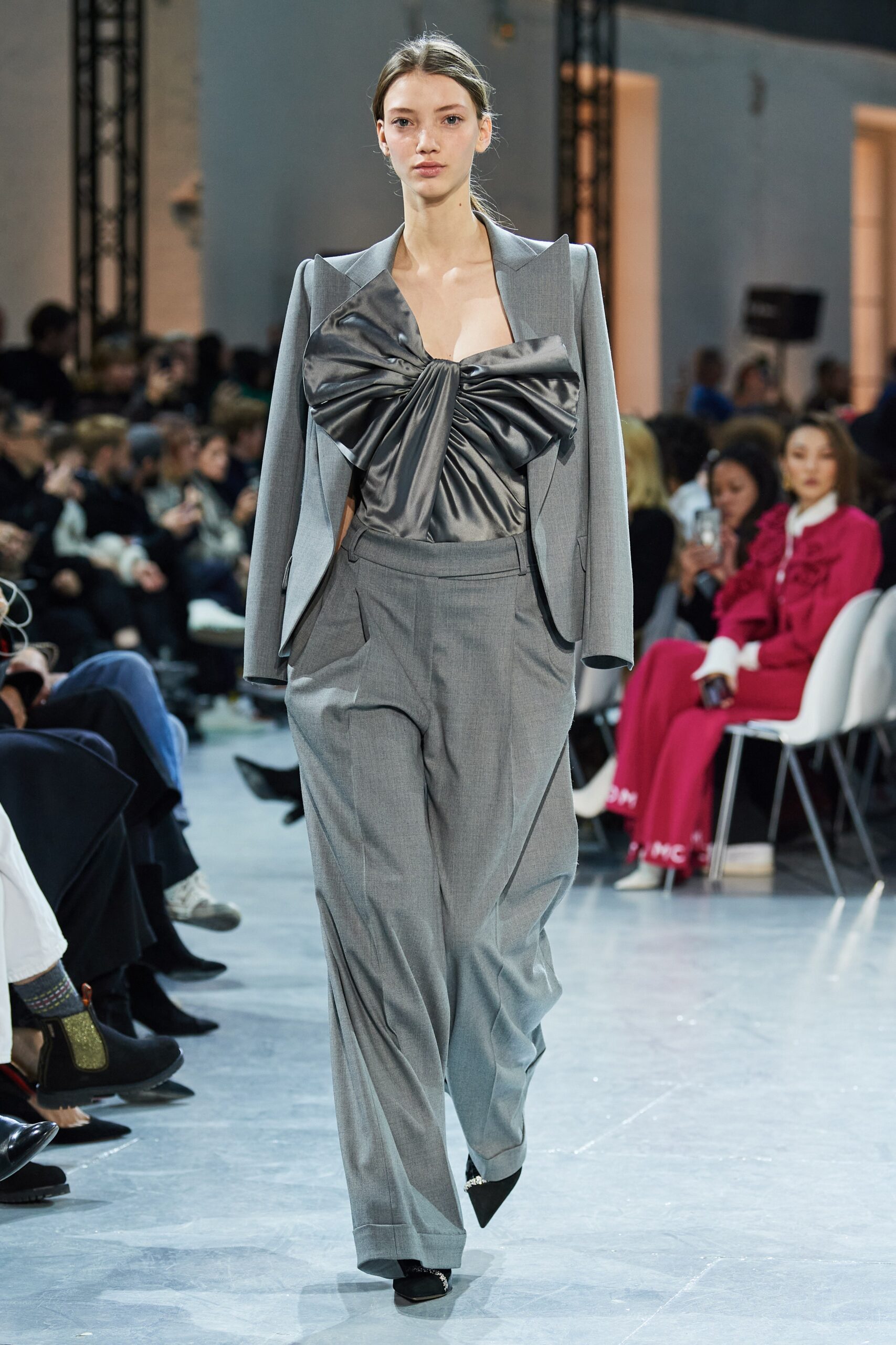 gray draped suit with wide-leg pants