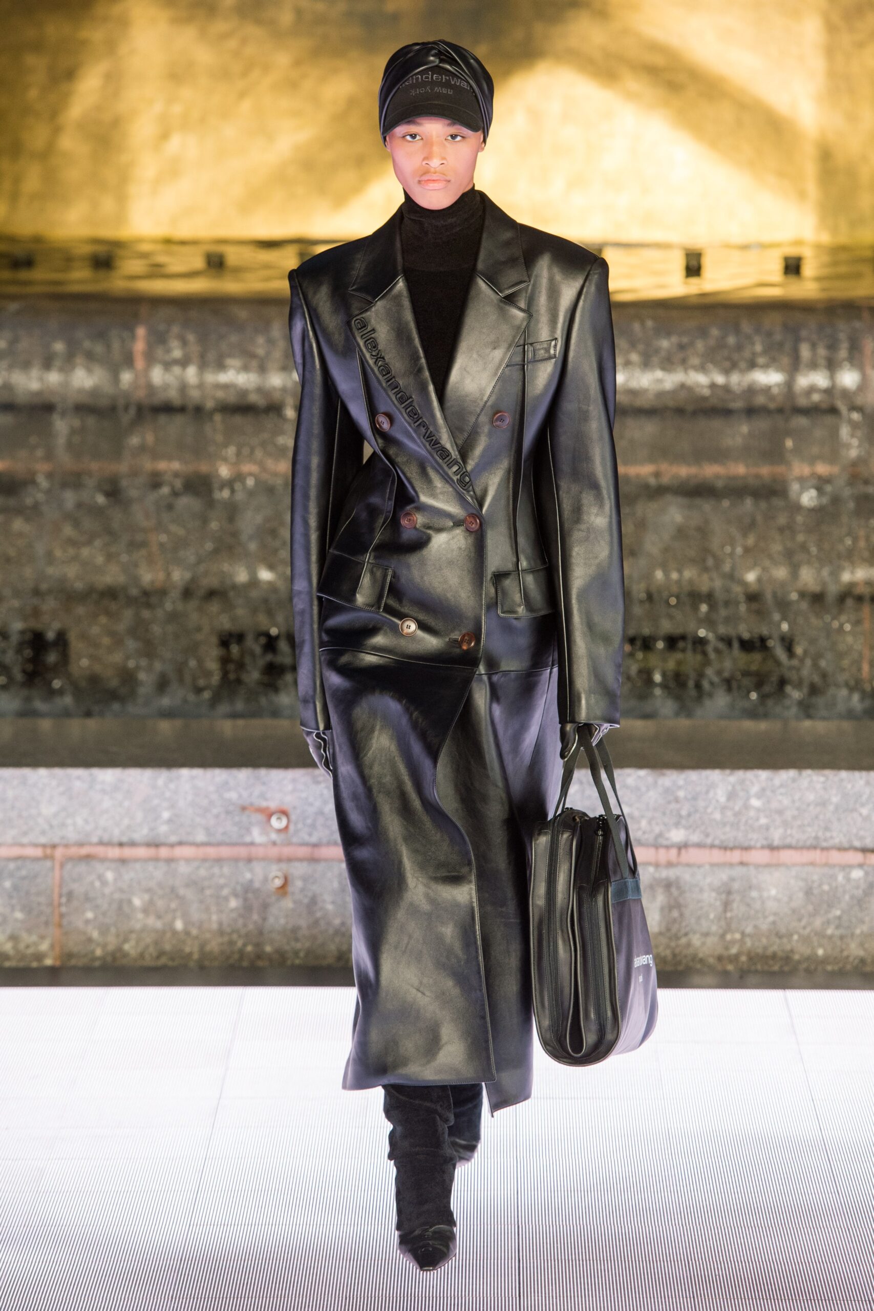 black leather long-sleeve collared fitted structured midi coat