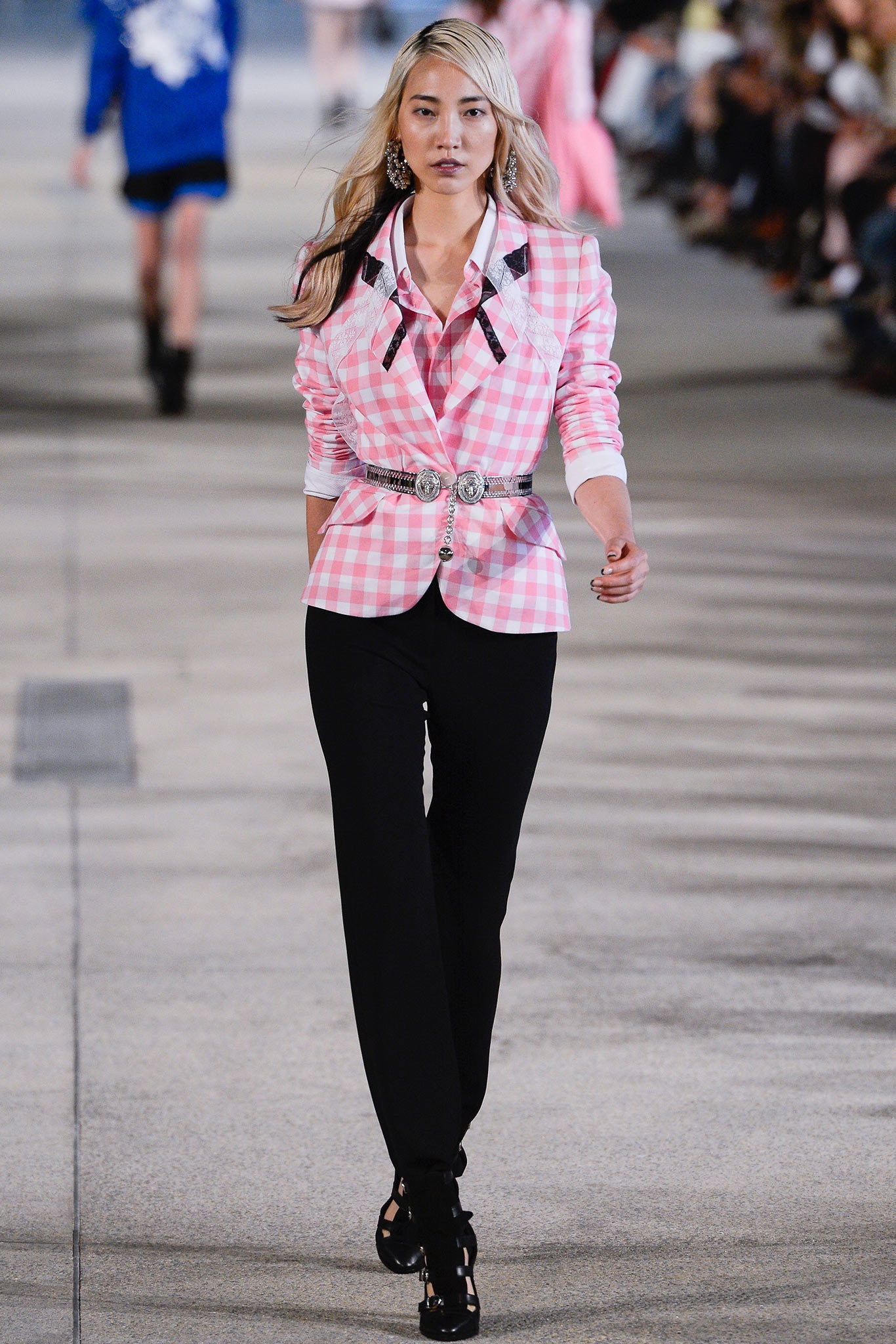 pink checked blazer with black pants