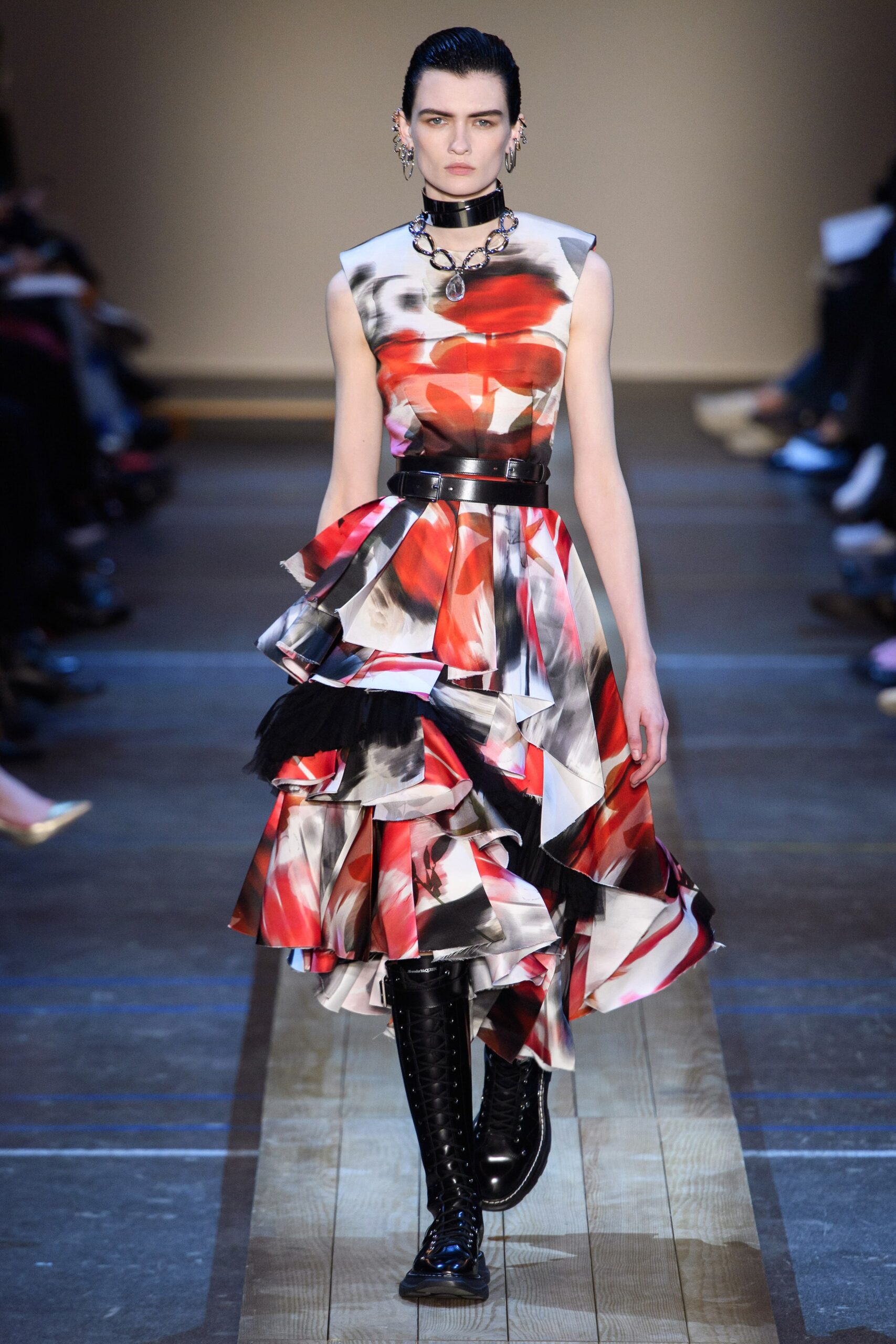 red and black ruffled midi dress
