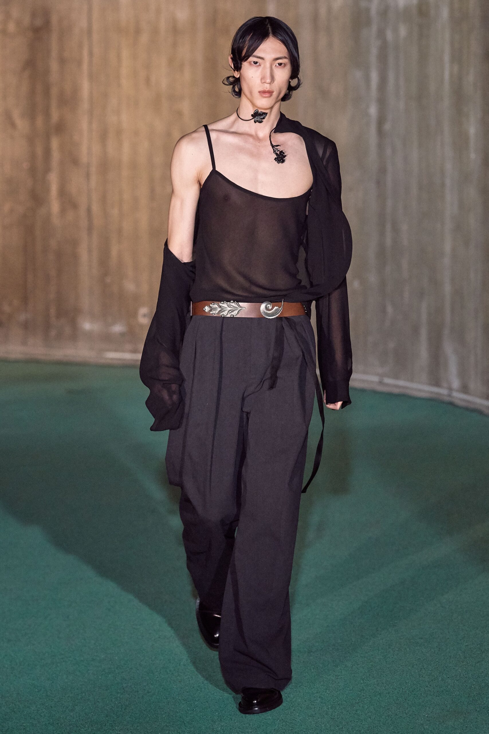 black sheer top with relaxed jacket