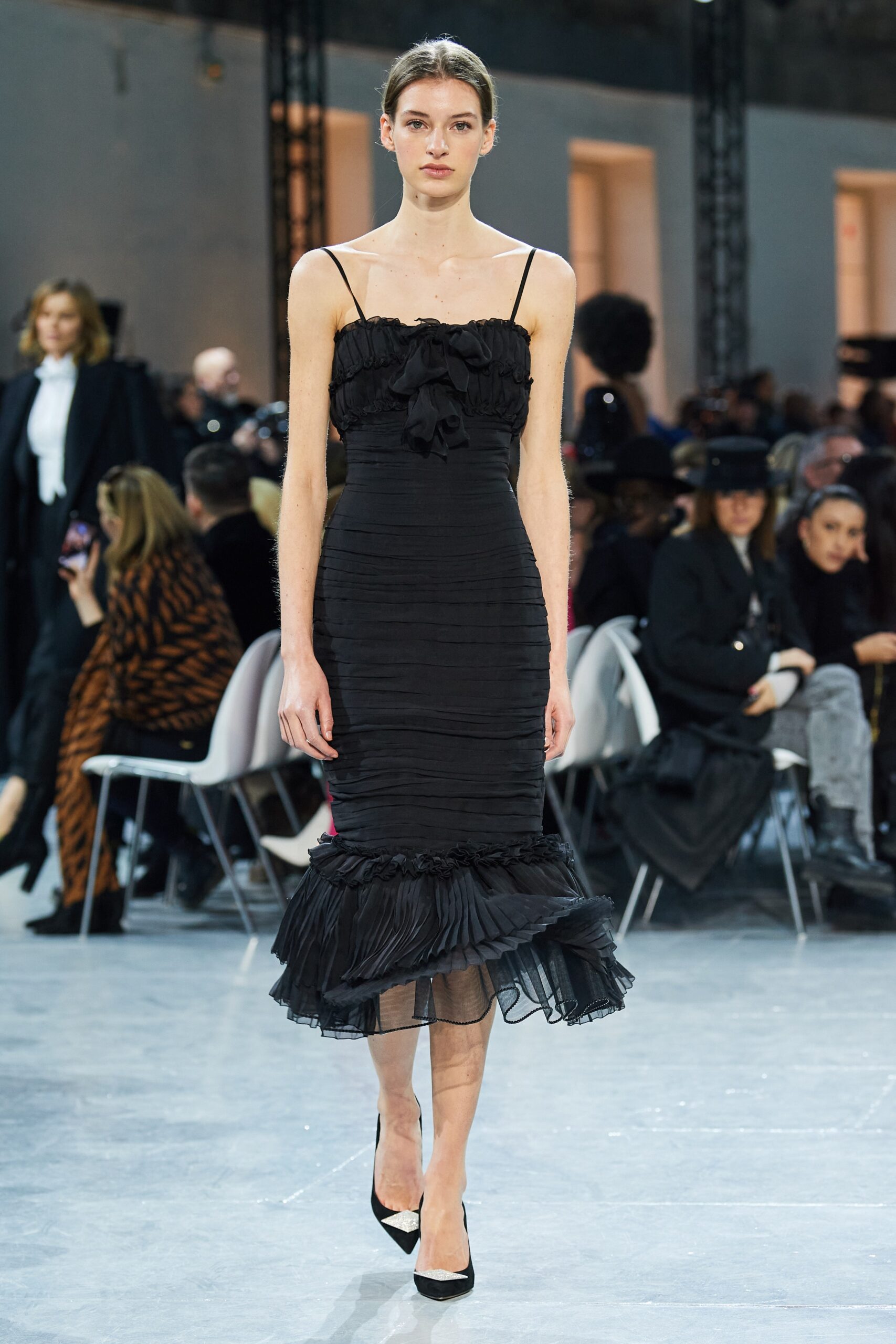 black ruffled midi dress with heels