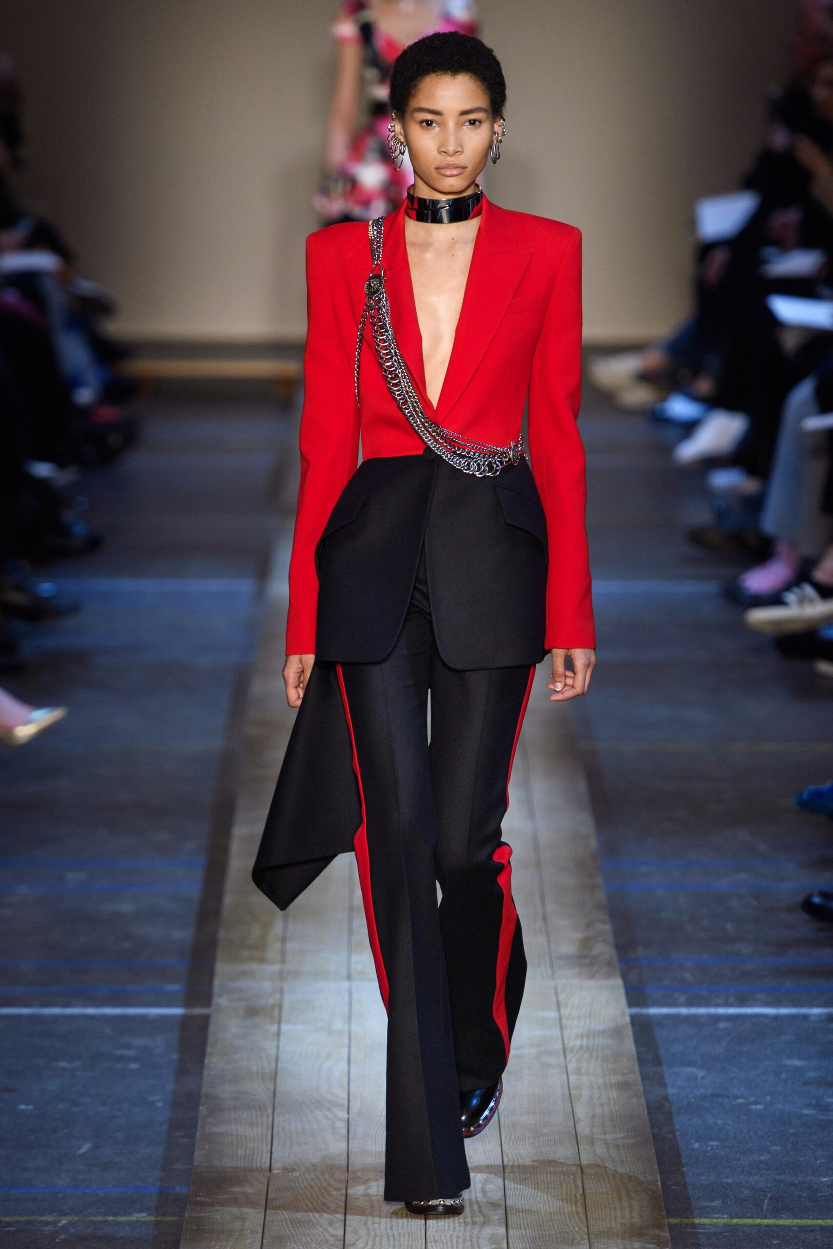 red silk long-sleeve v-neck tailored buttoned blazer