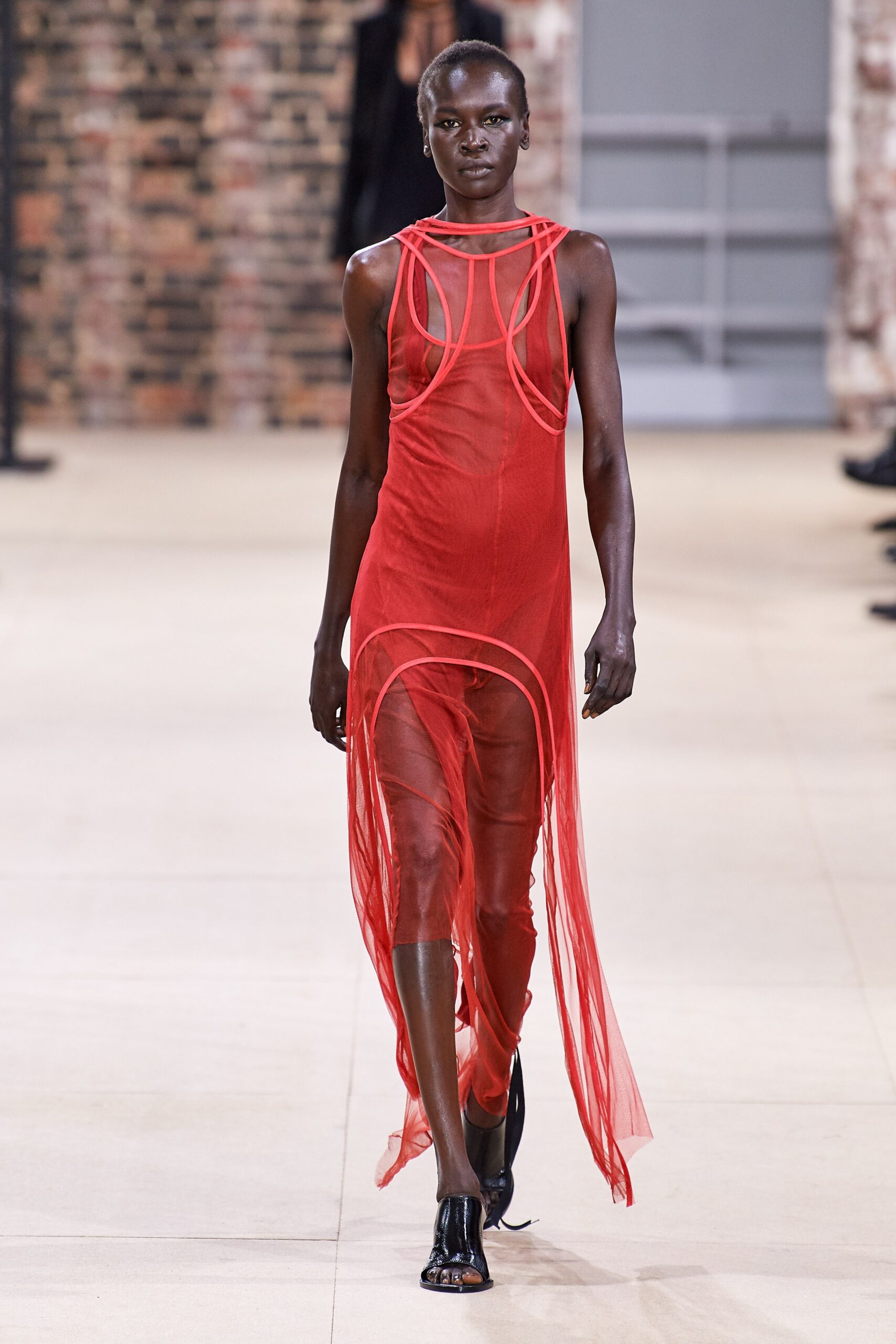 red sheer sleeveless dress