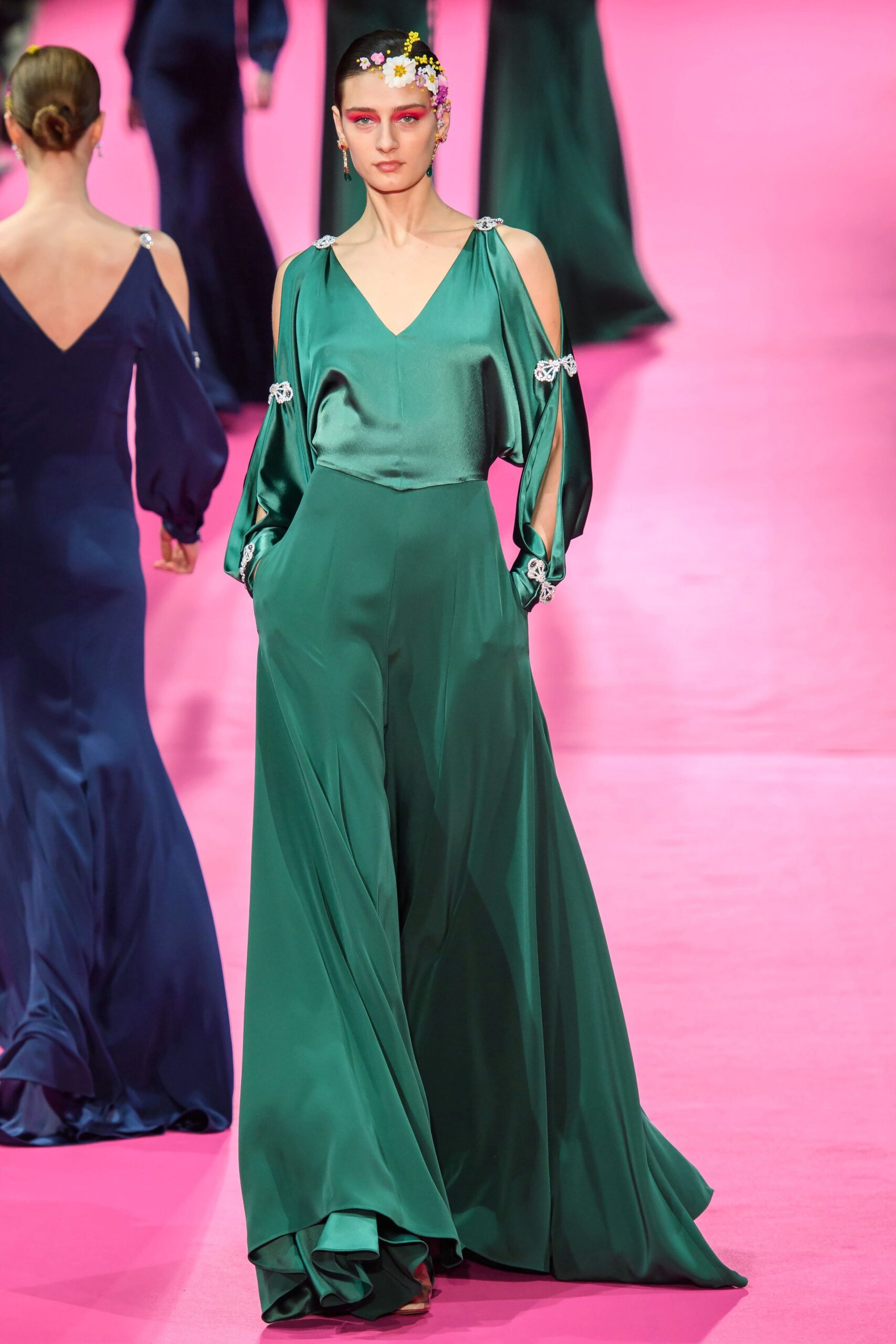 green silk fitted jumpsuit