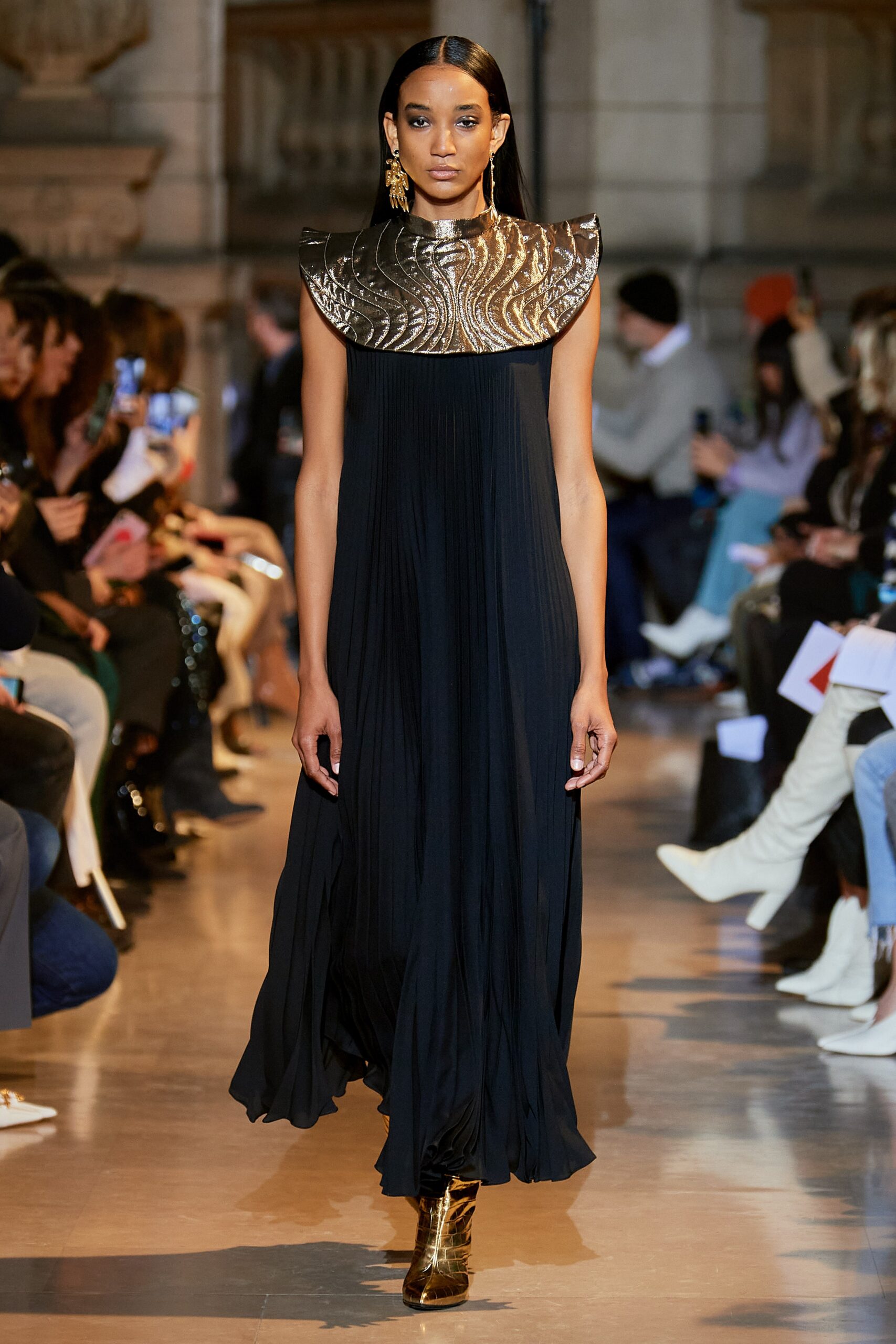 black silk pleated maxi dress