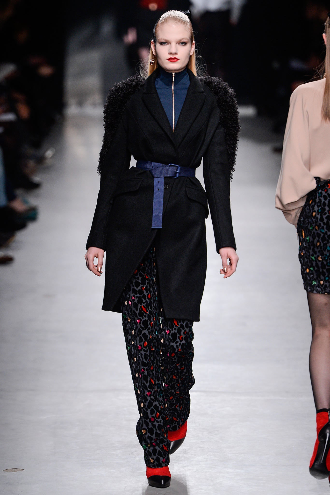 black coat with printed pants