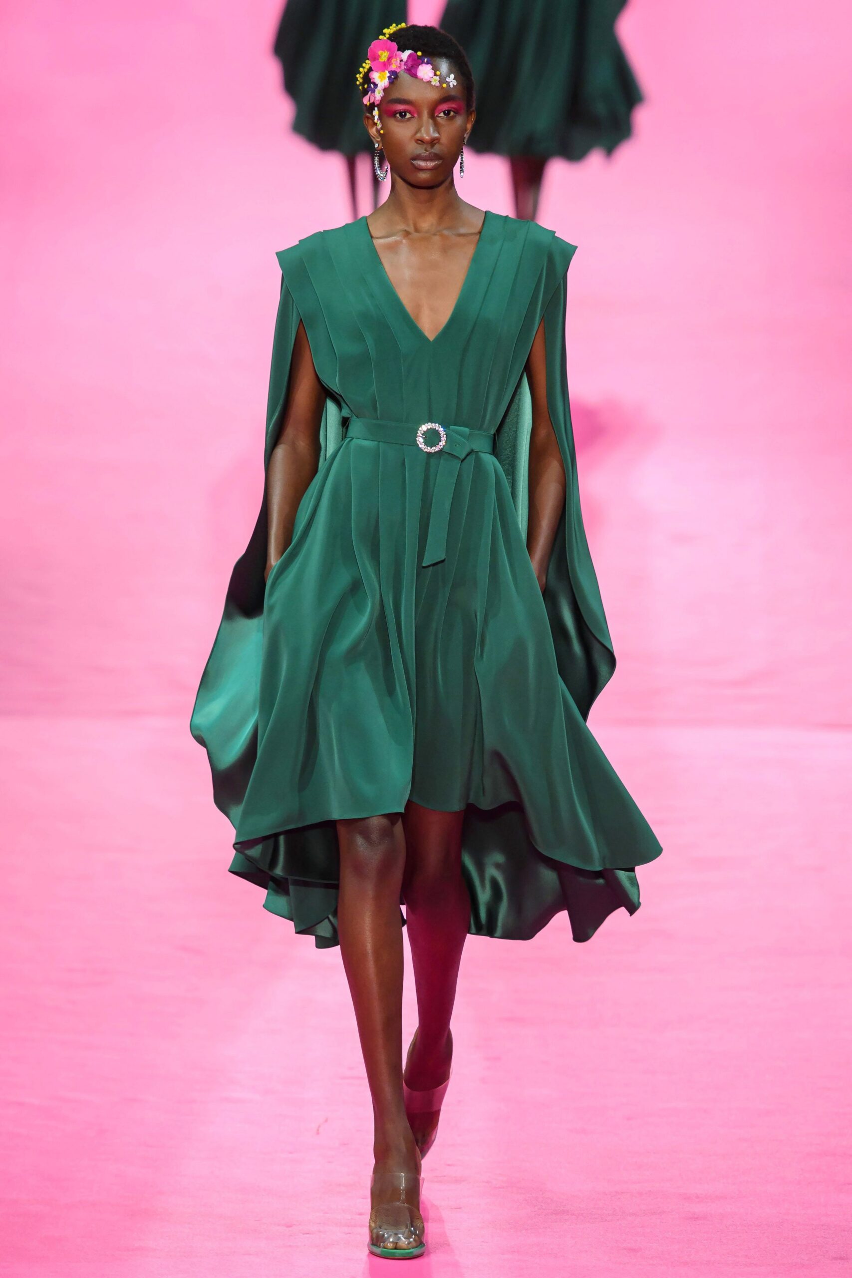 green silk belted midi dress