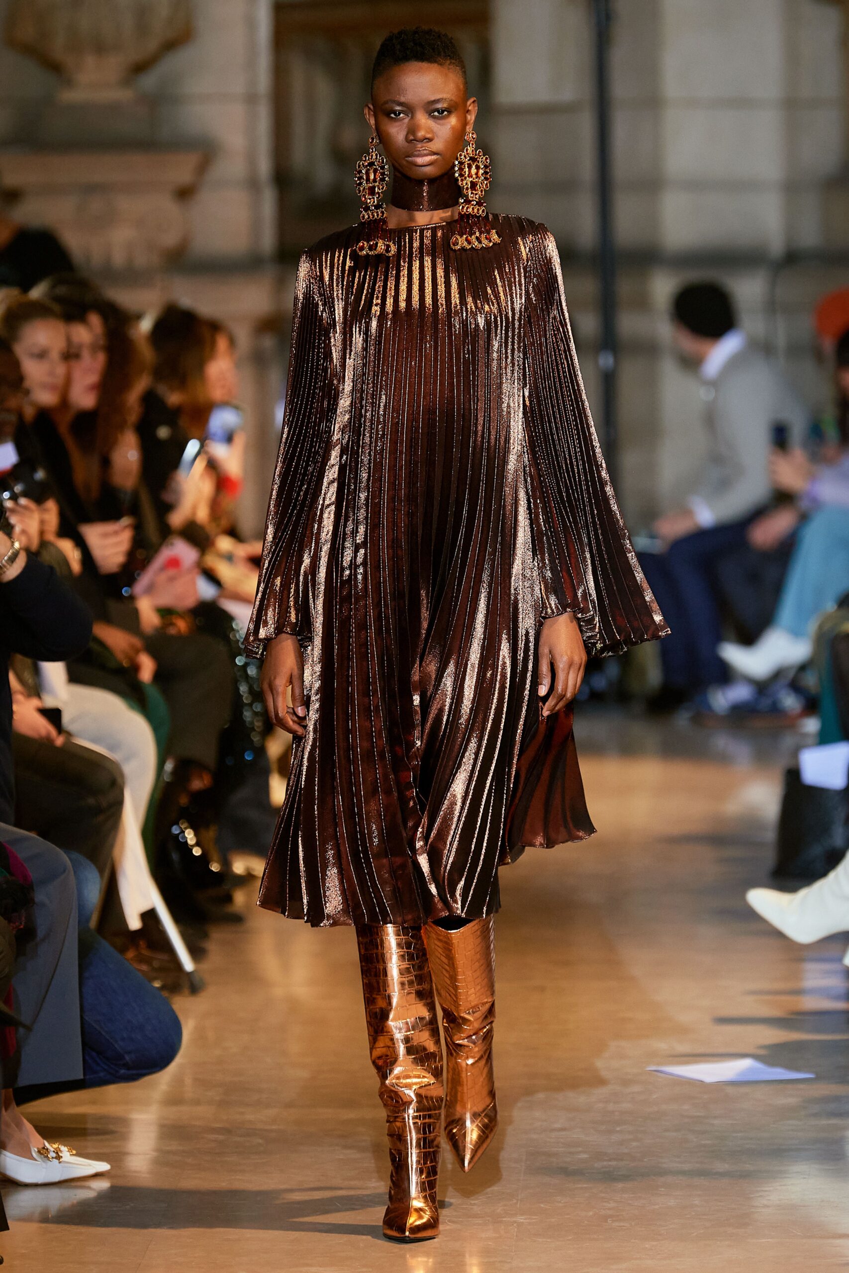 brown velvet pleated midi dress