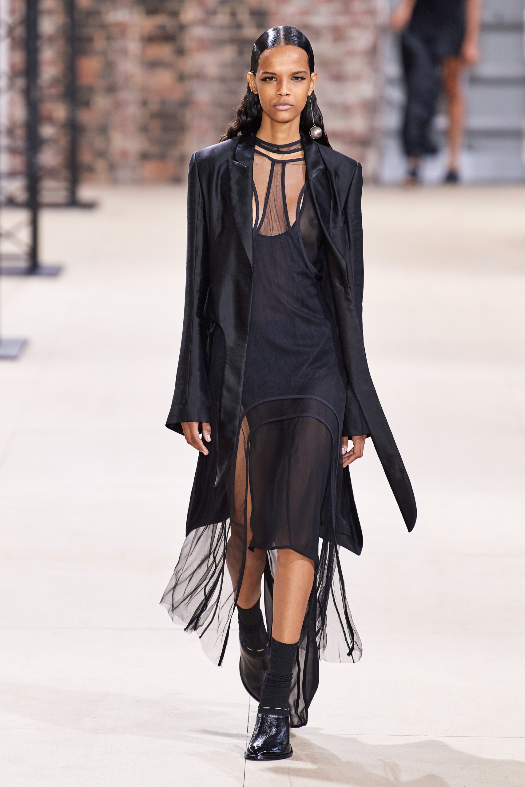 black midi dress with flowing coat