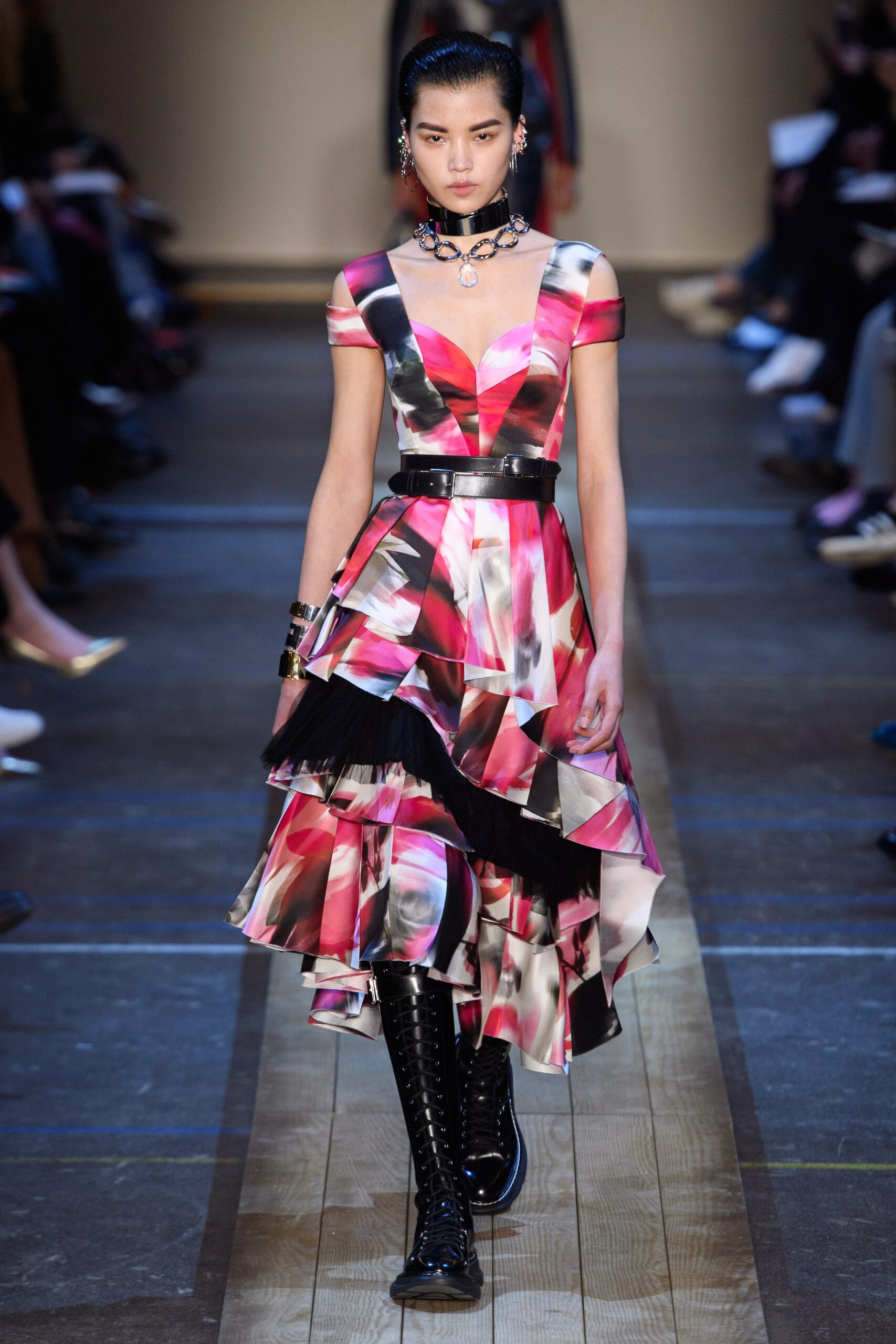 red and black tiered midi dress