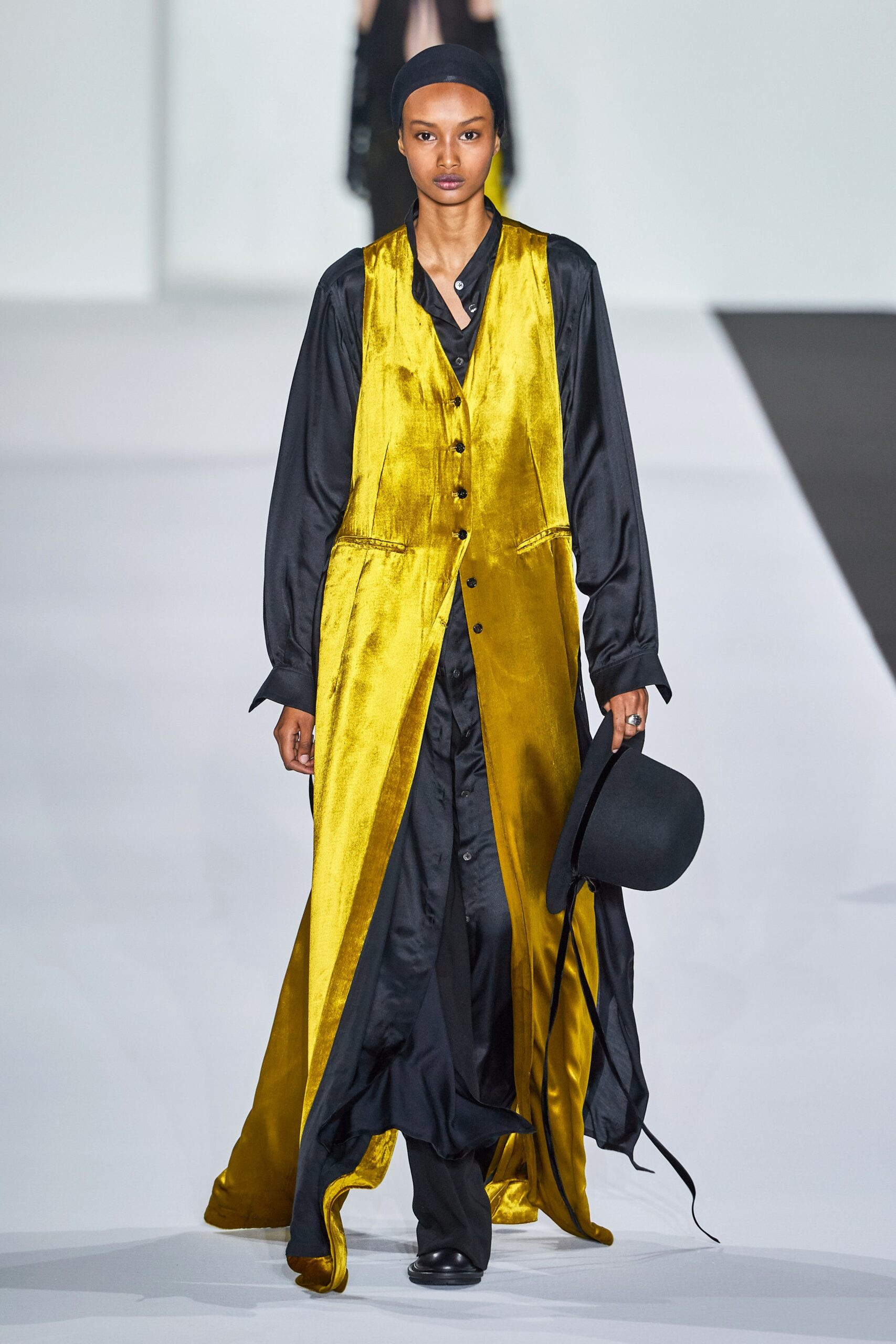 yellow silk long-sleeve collared fitted buttoned draped vest