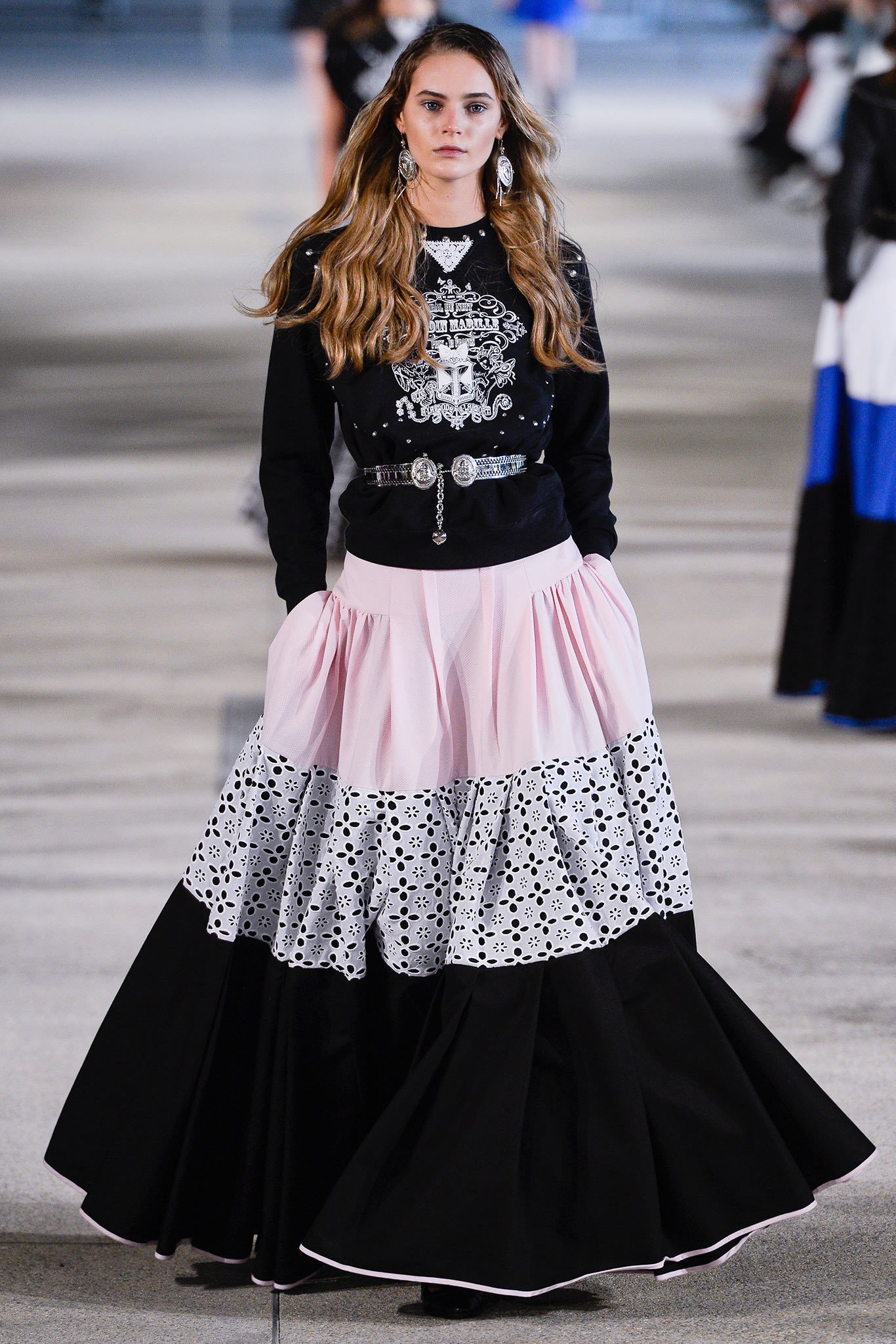 black embroidered top with tiered skirt