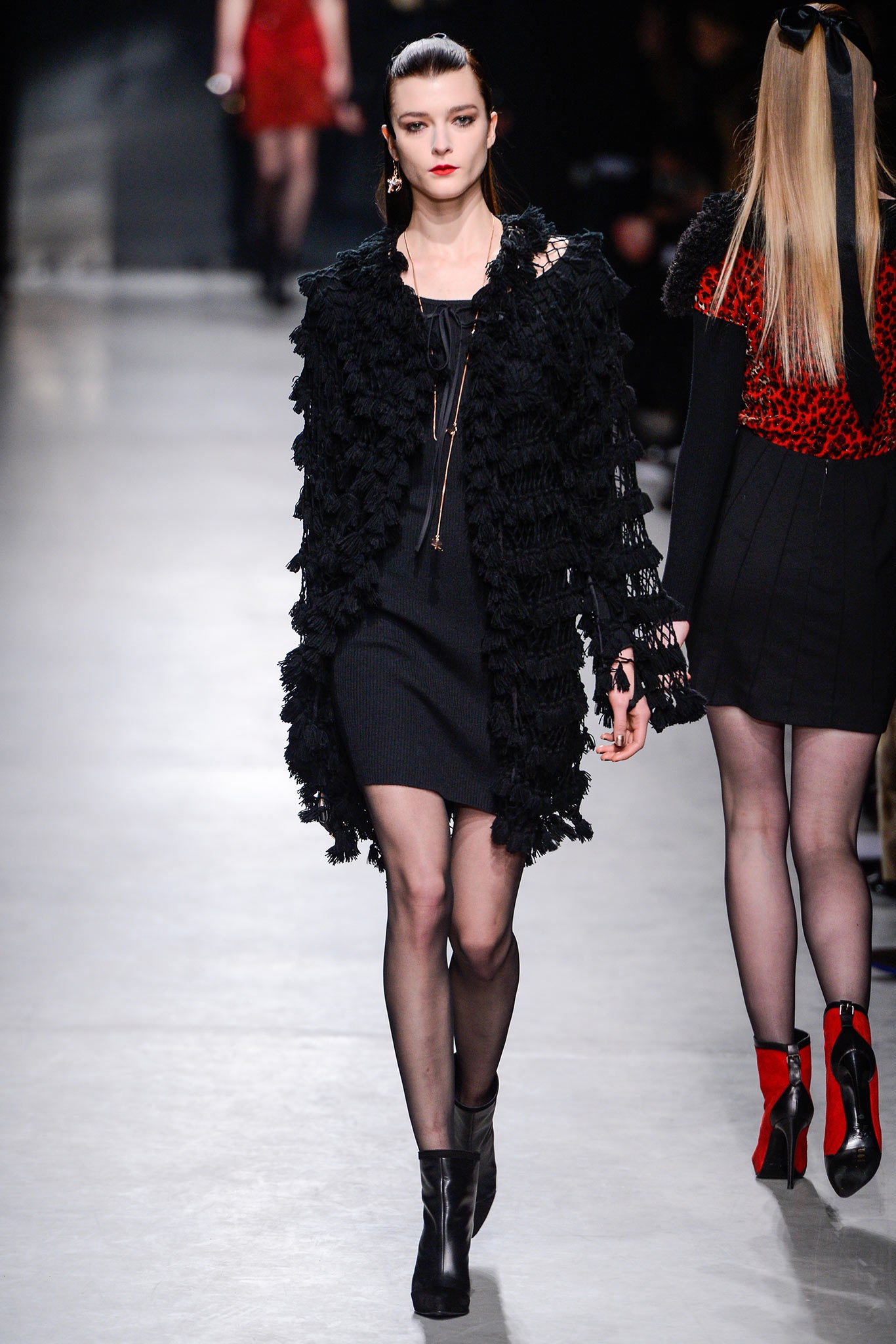 black fitted mini dress with oversized coat
