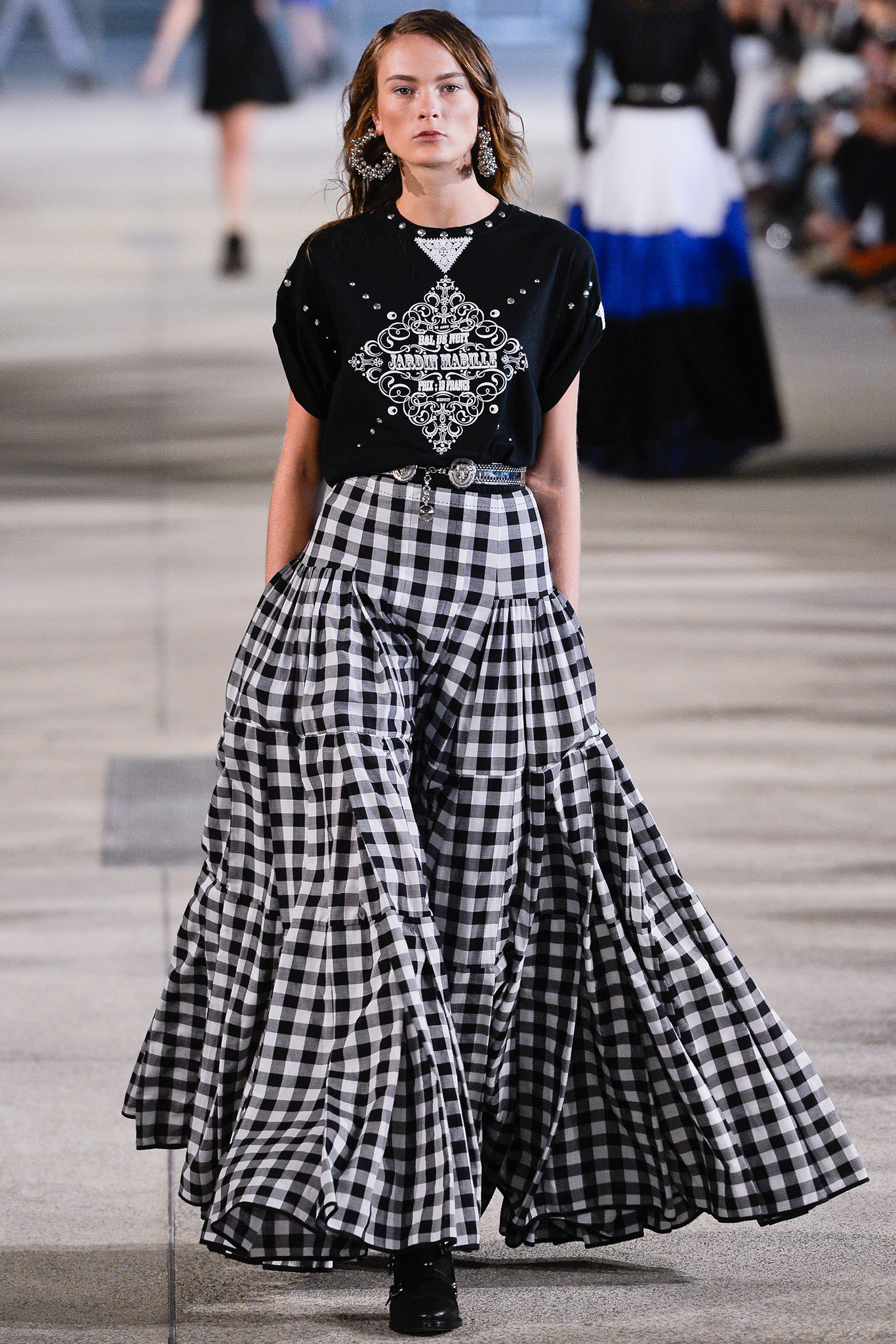 black relaxed top with checked maxi skirt