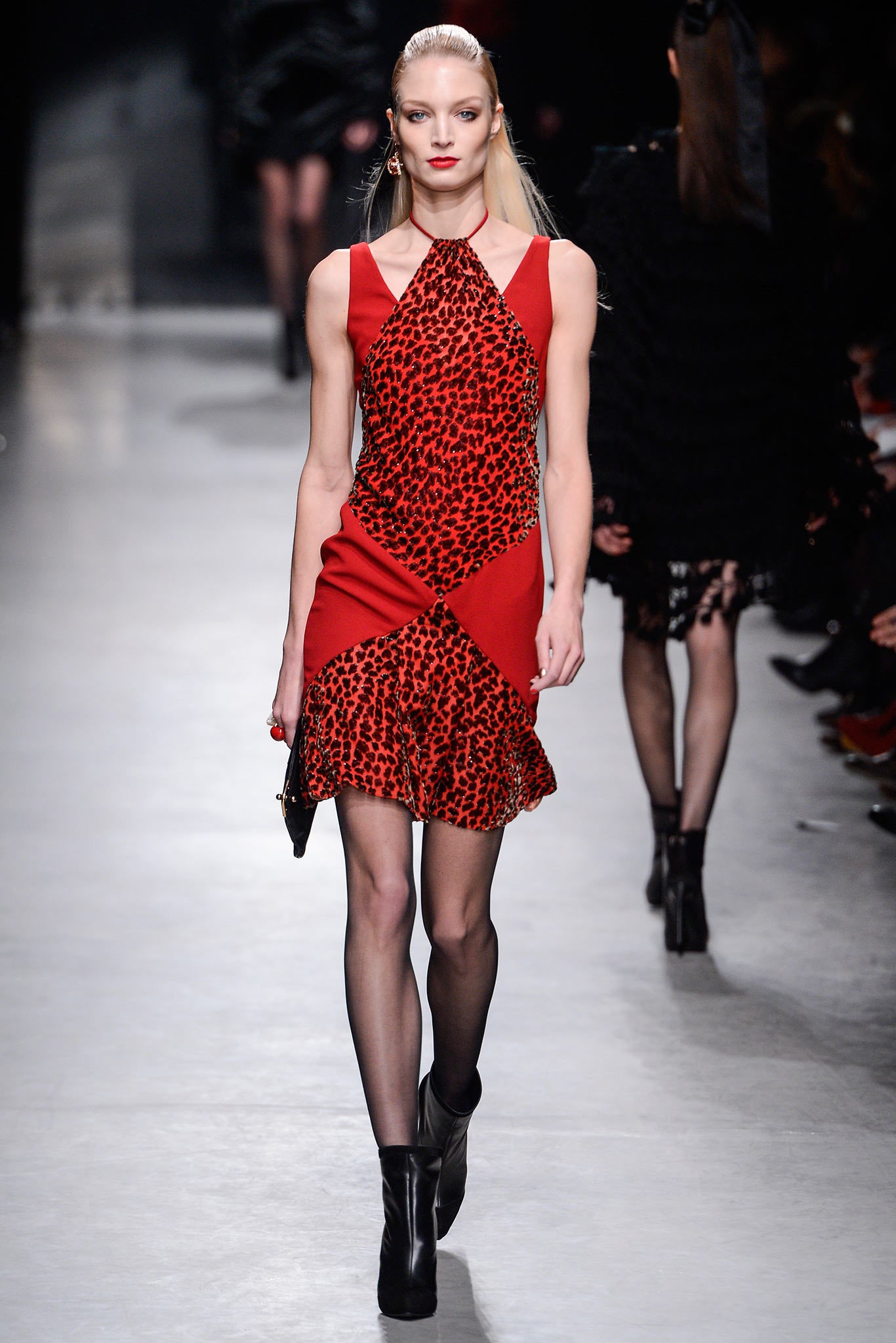 red sleeveless high-neck fitted printed mini dress