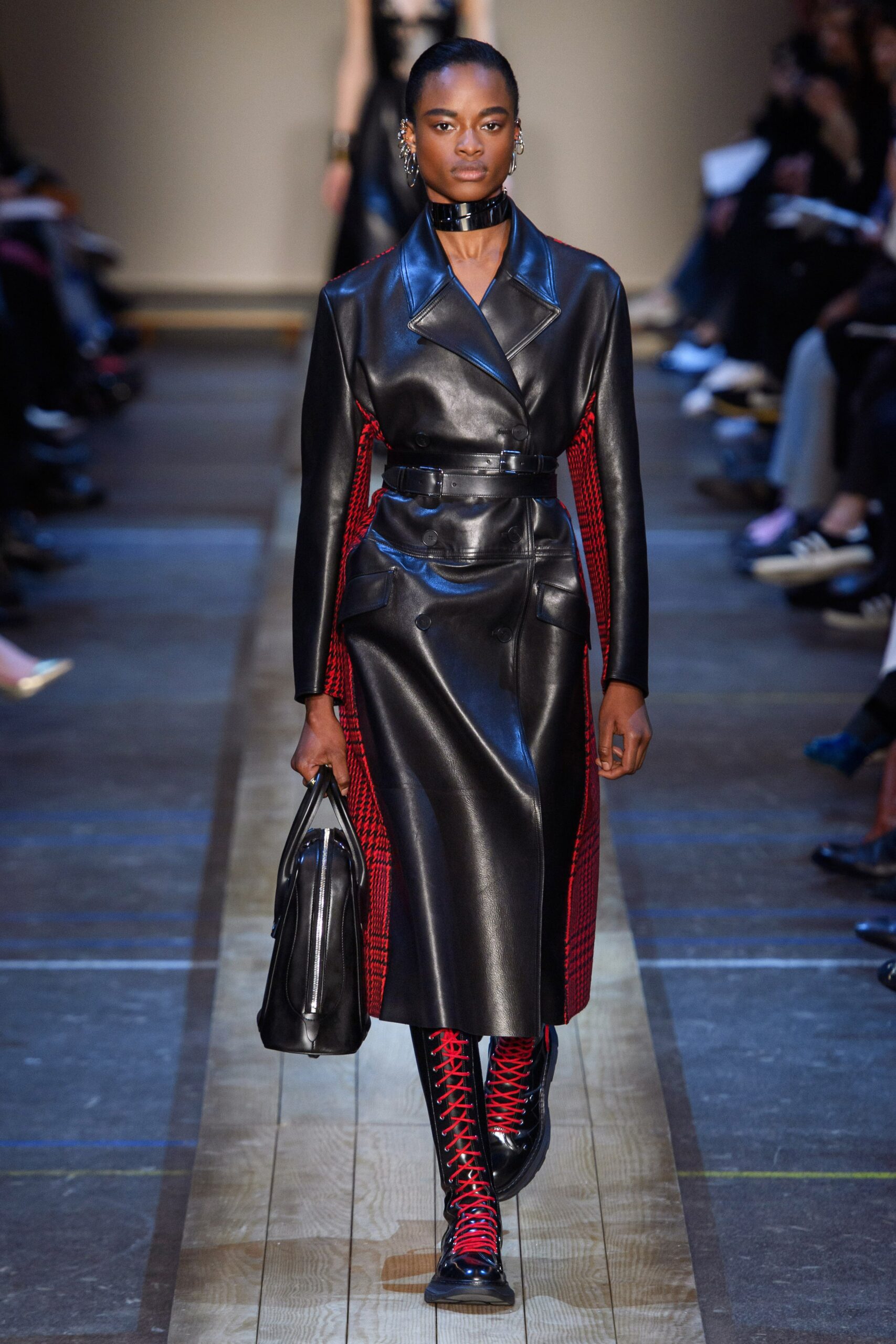 black leather belted midi dress
