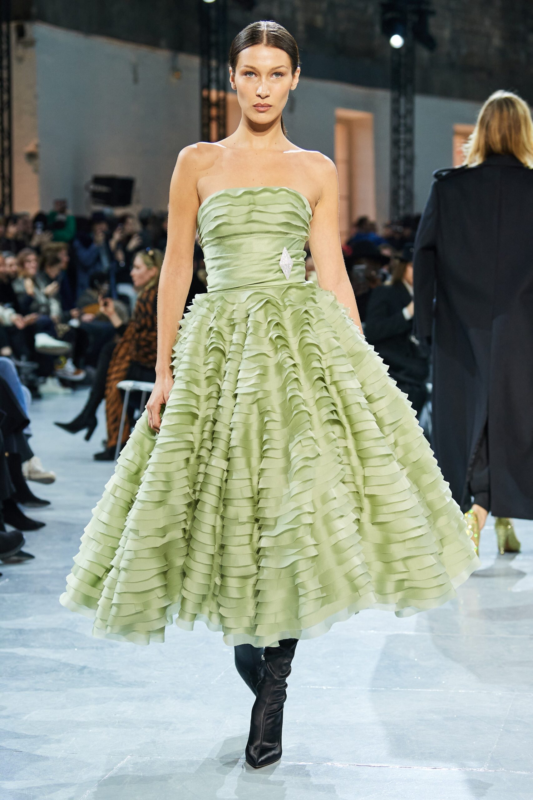 green ruffled strapless dress