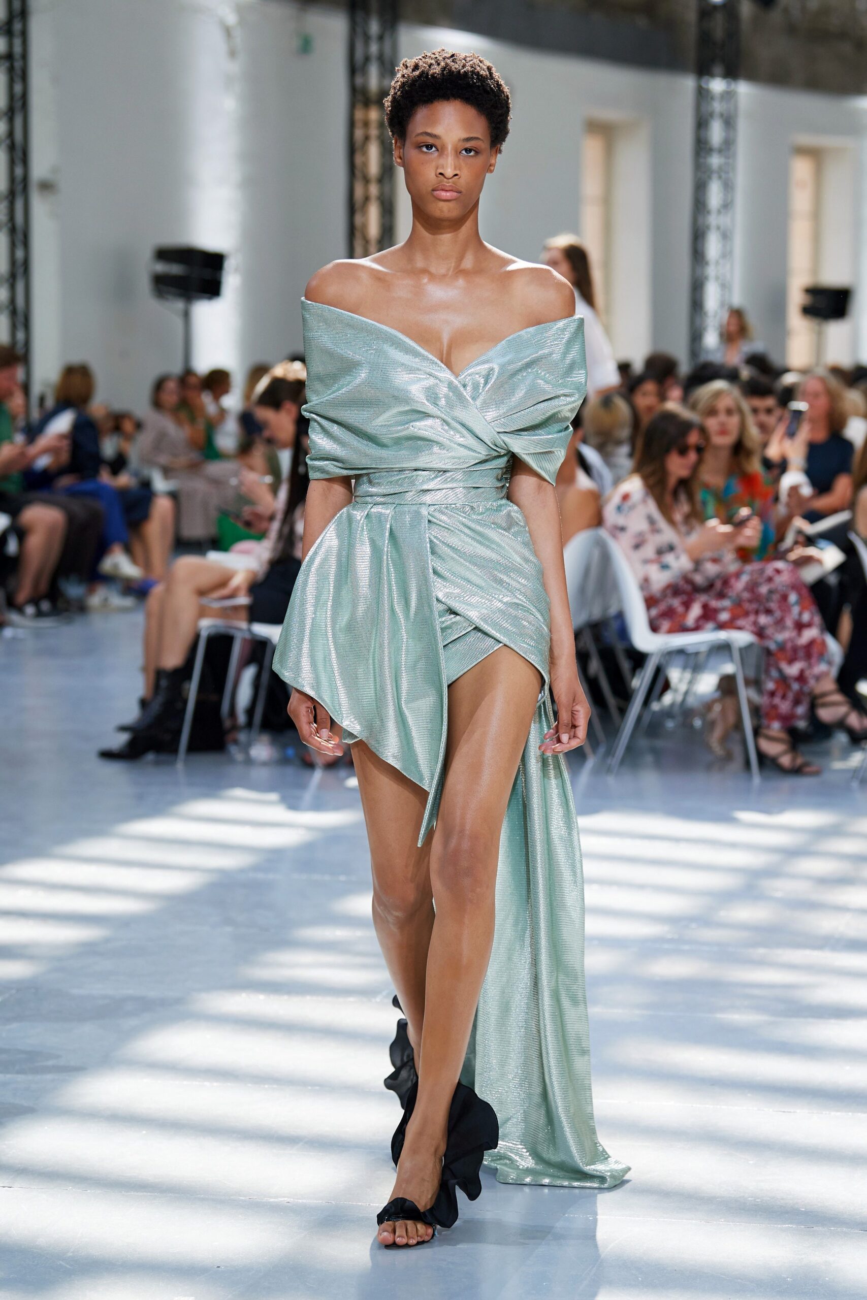 fitted off-shoulder green dress