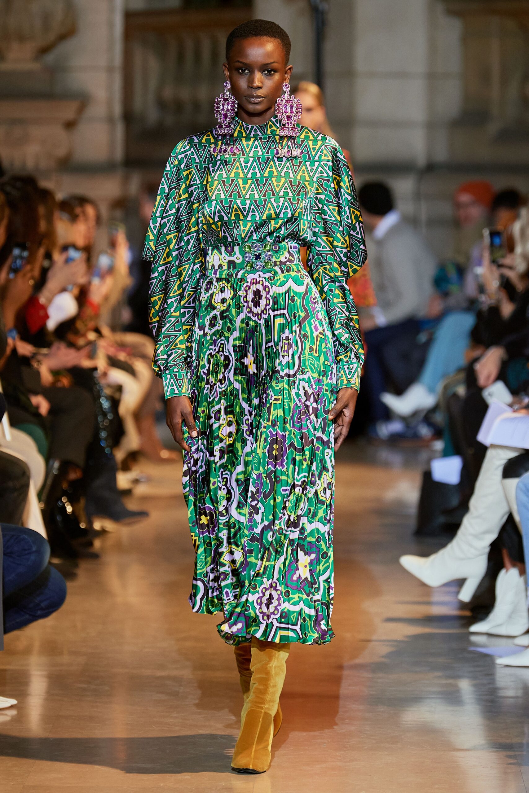 colorful printed midi dress with boots