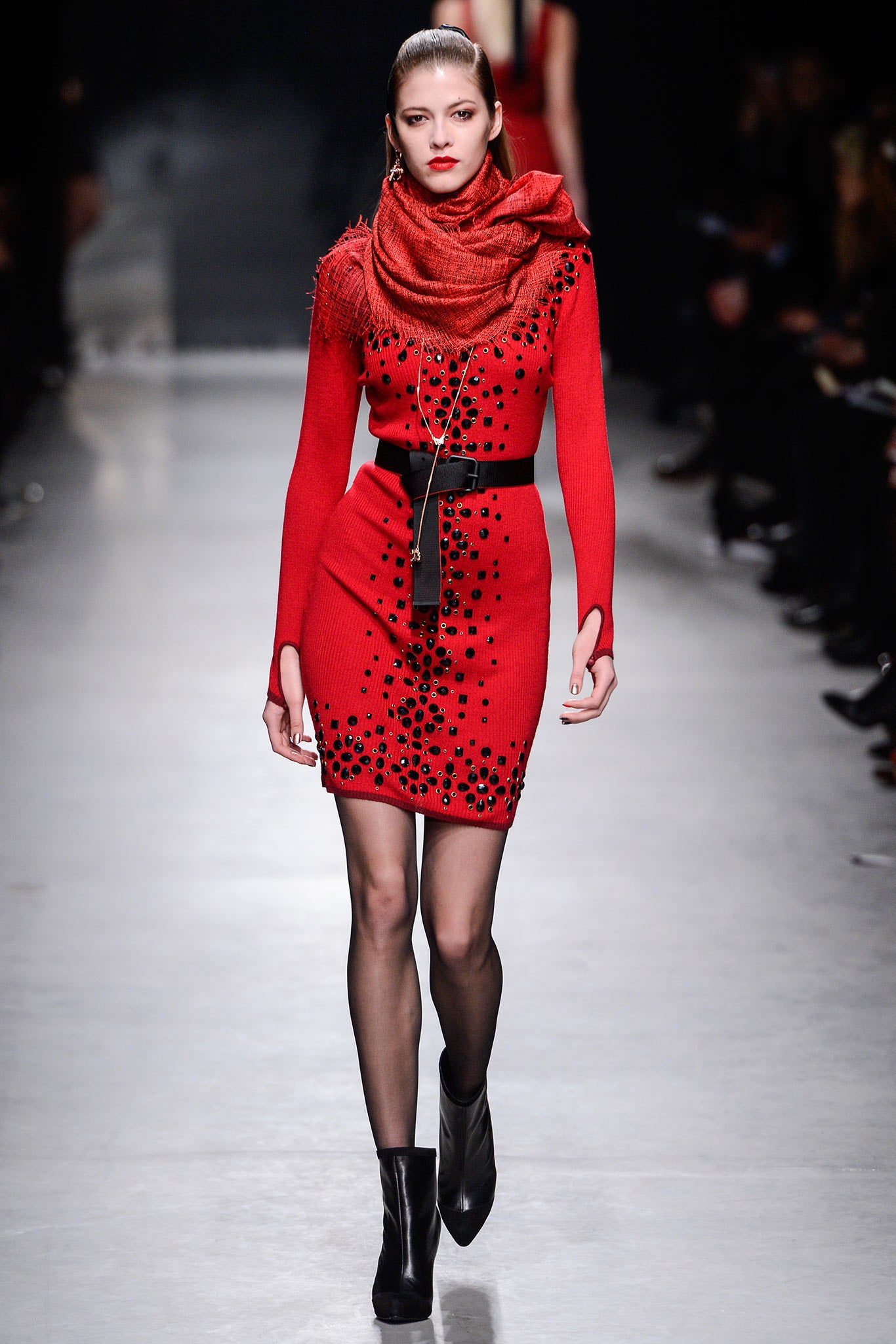 fitted red mini dress with scarf