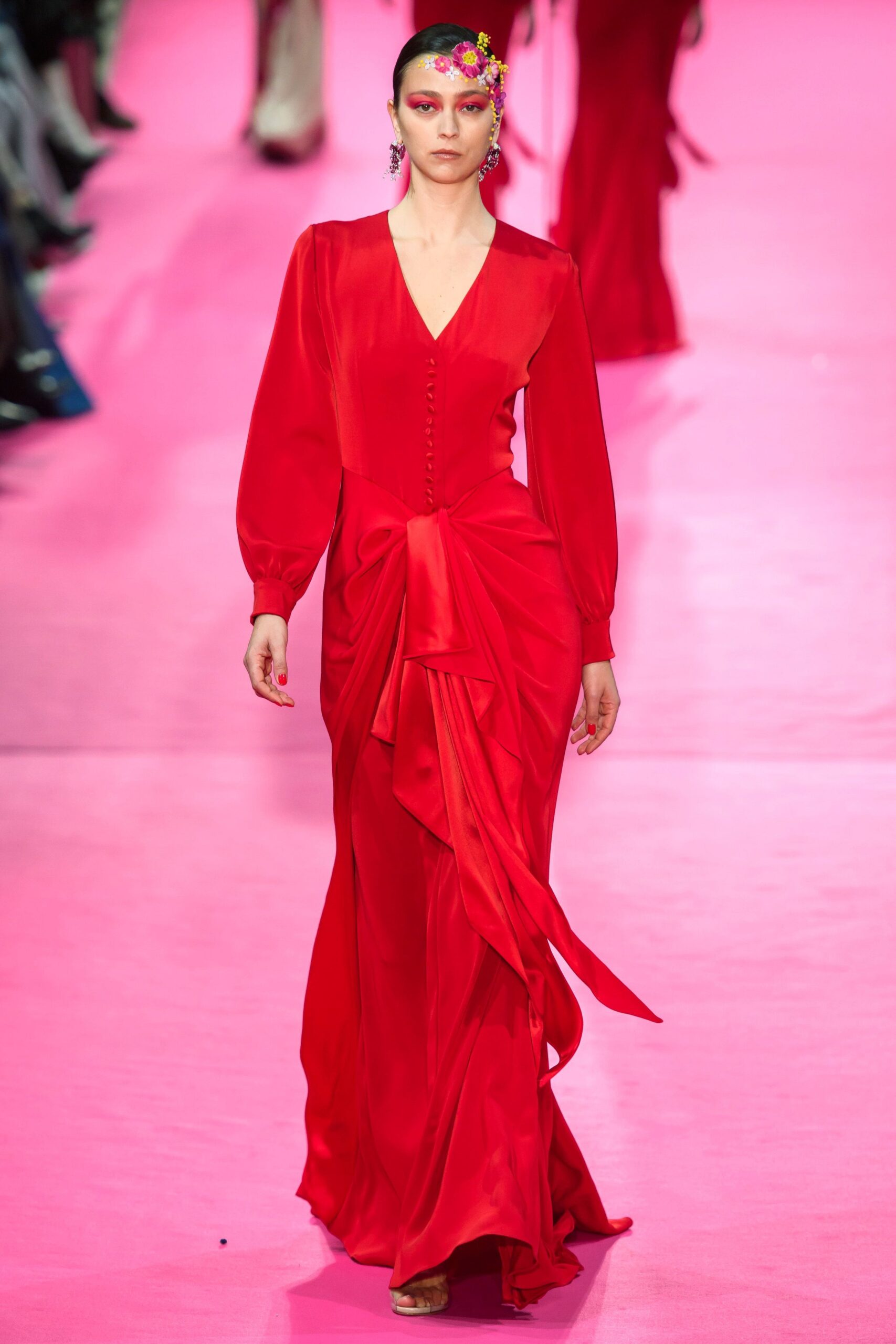 red silk fitted gown