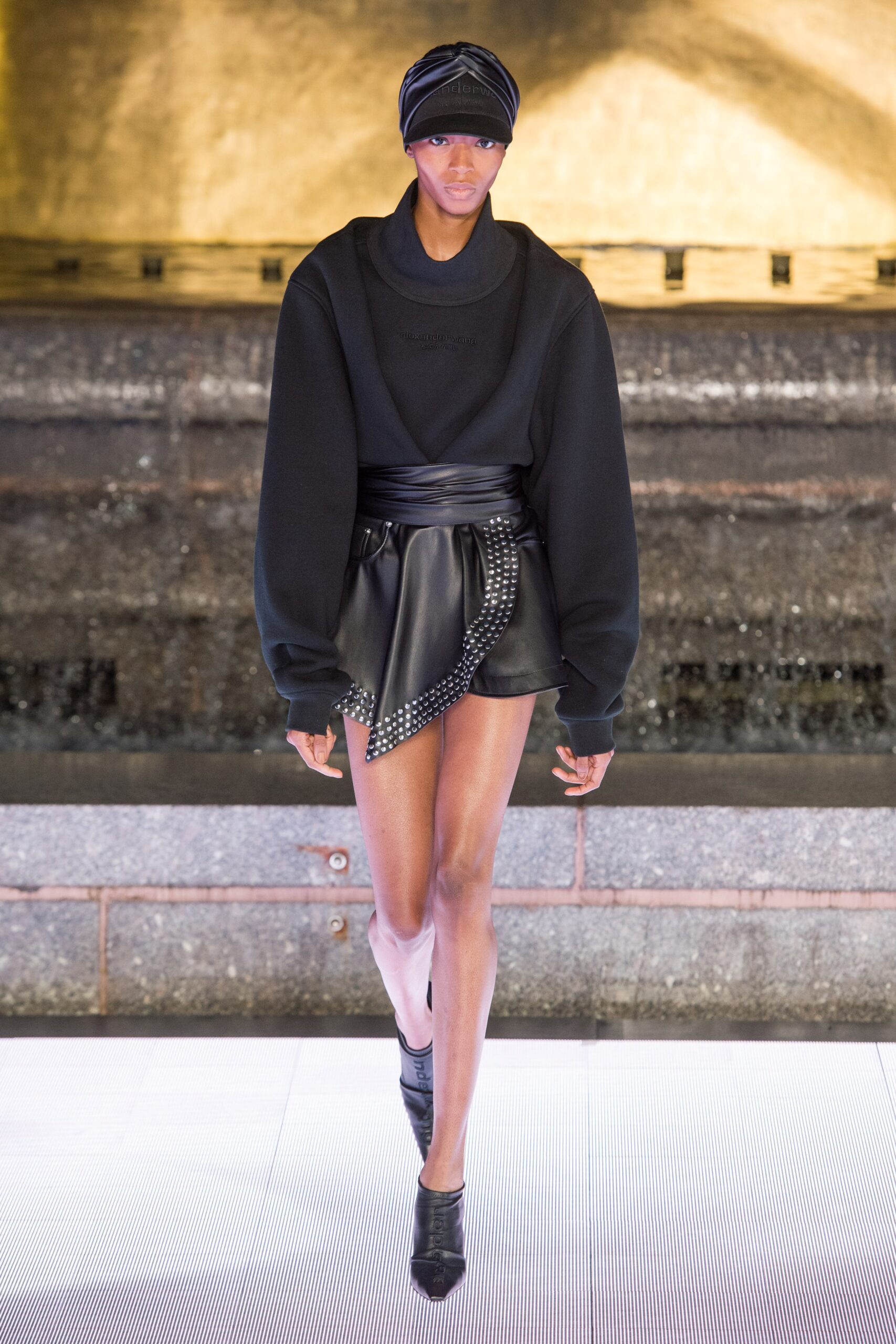black cotton long-sleeve high-neck oversized draped top