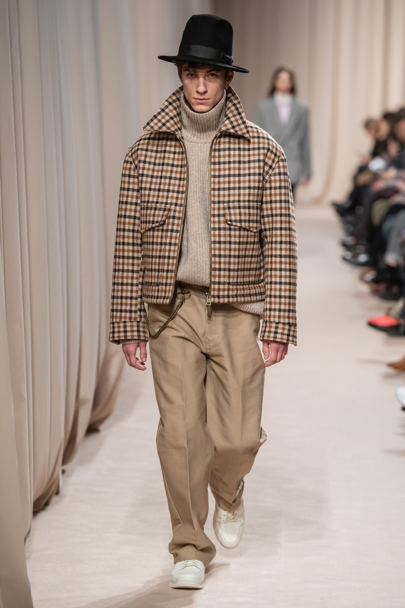 brown checked jacket with beige sweater