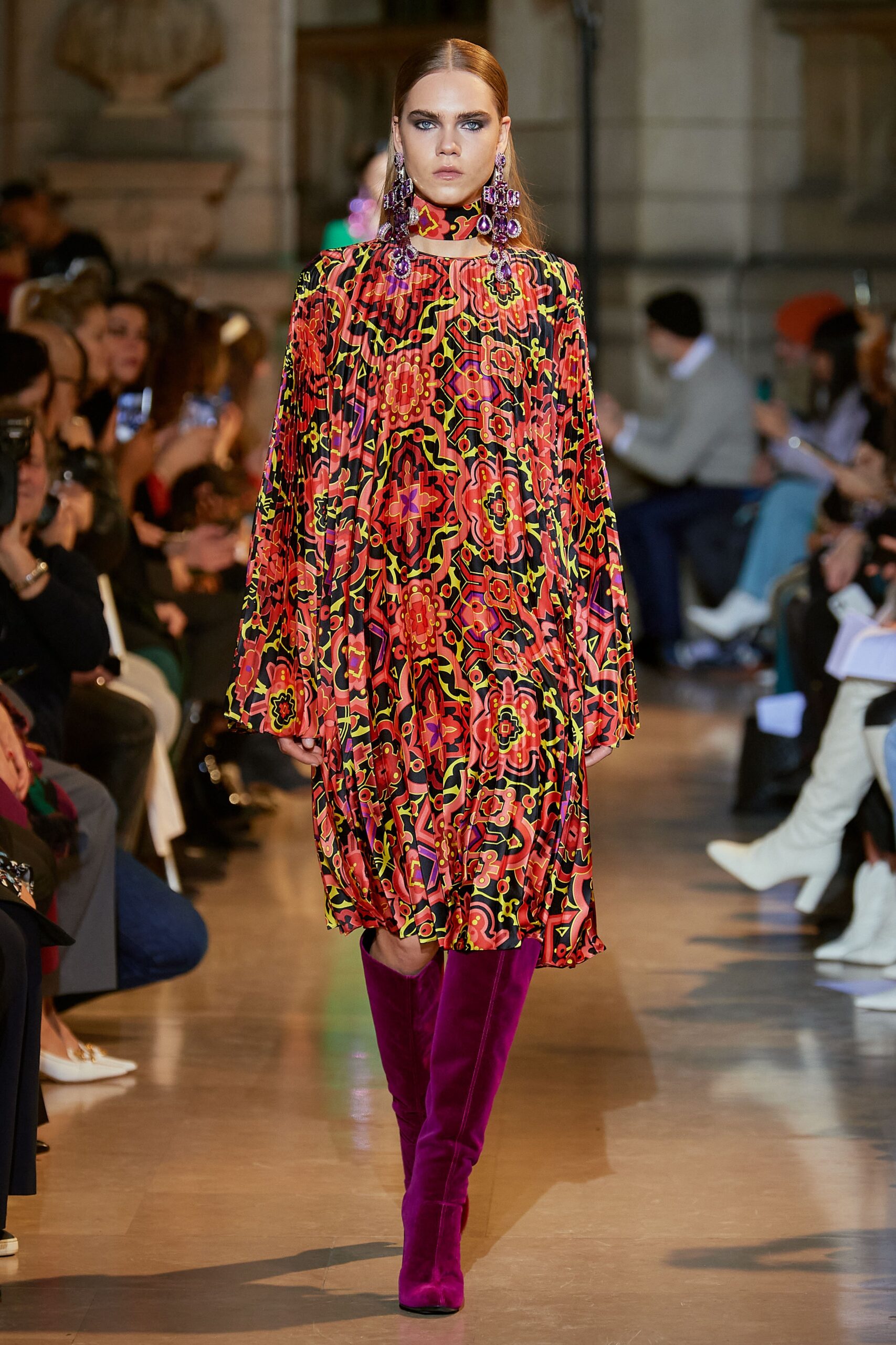 multi-colored relaxed midi dress with purple boots