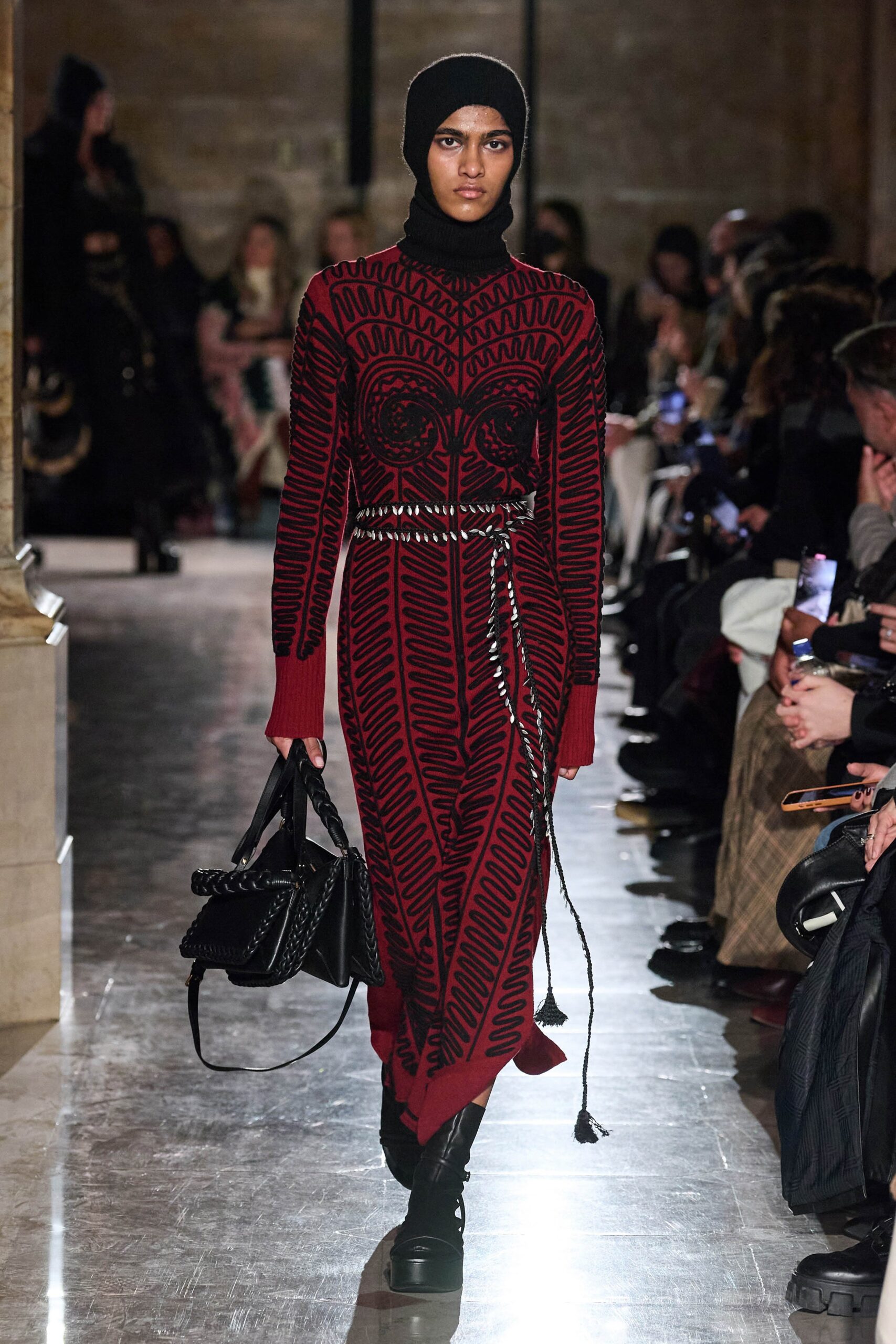 red knit long-sleeve high-neck fitted embroidered midi dress