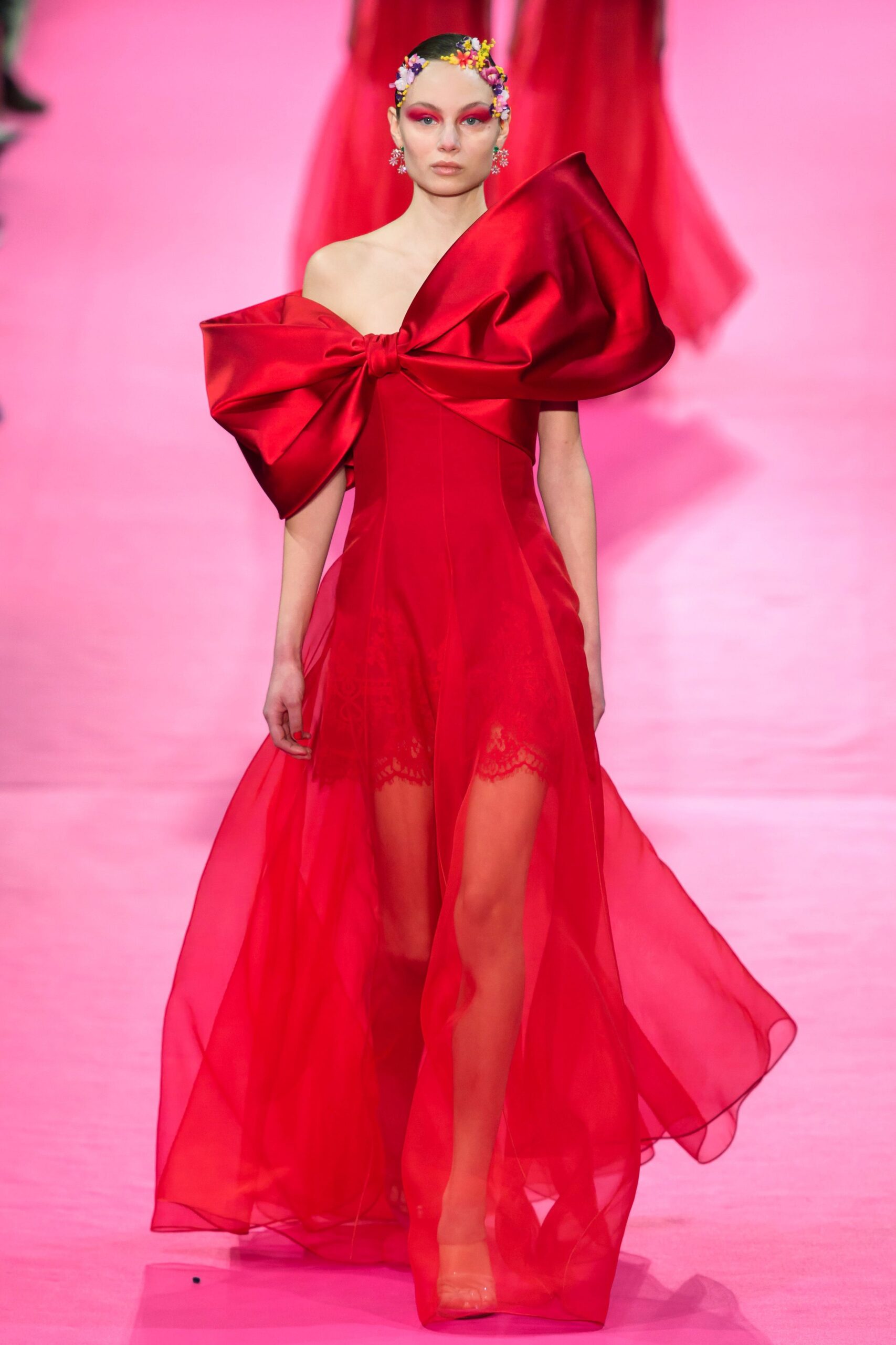 red silk off-shoulder gown