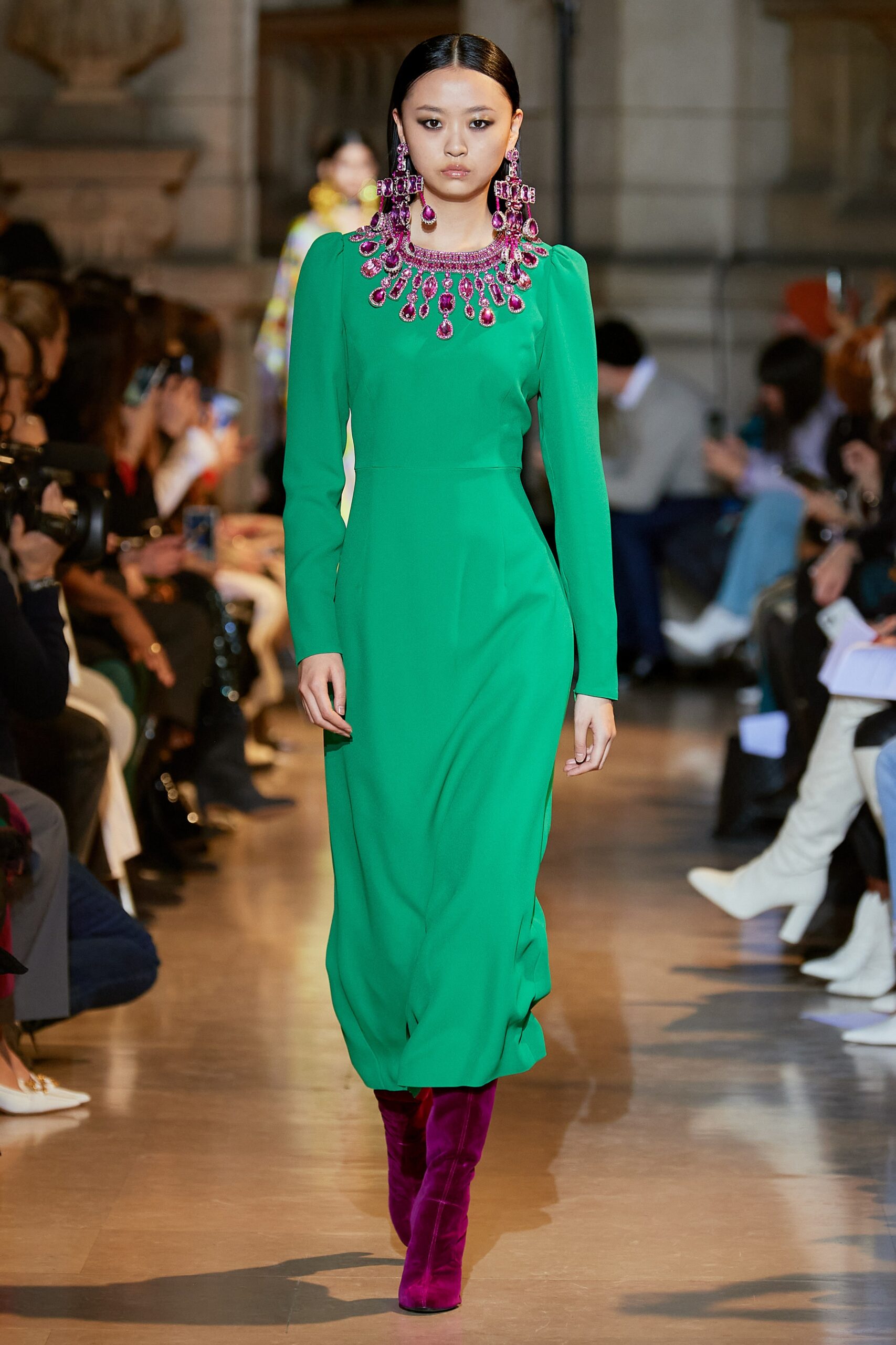 green silk fitted midi dress with pink boots