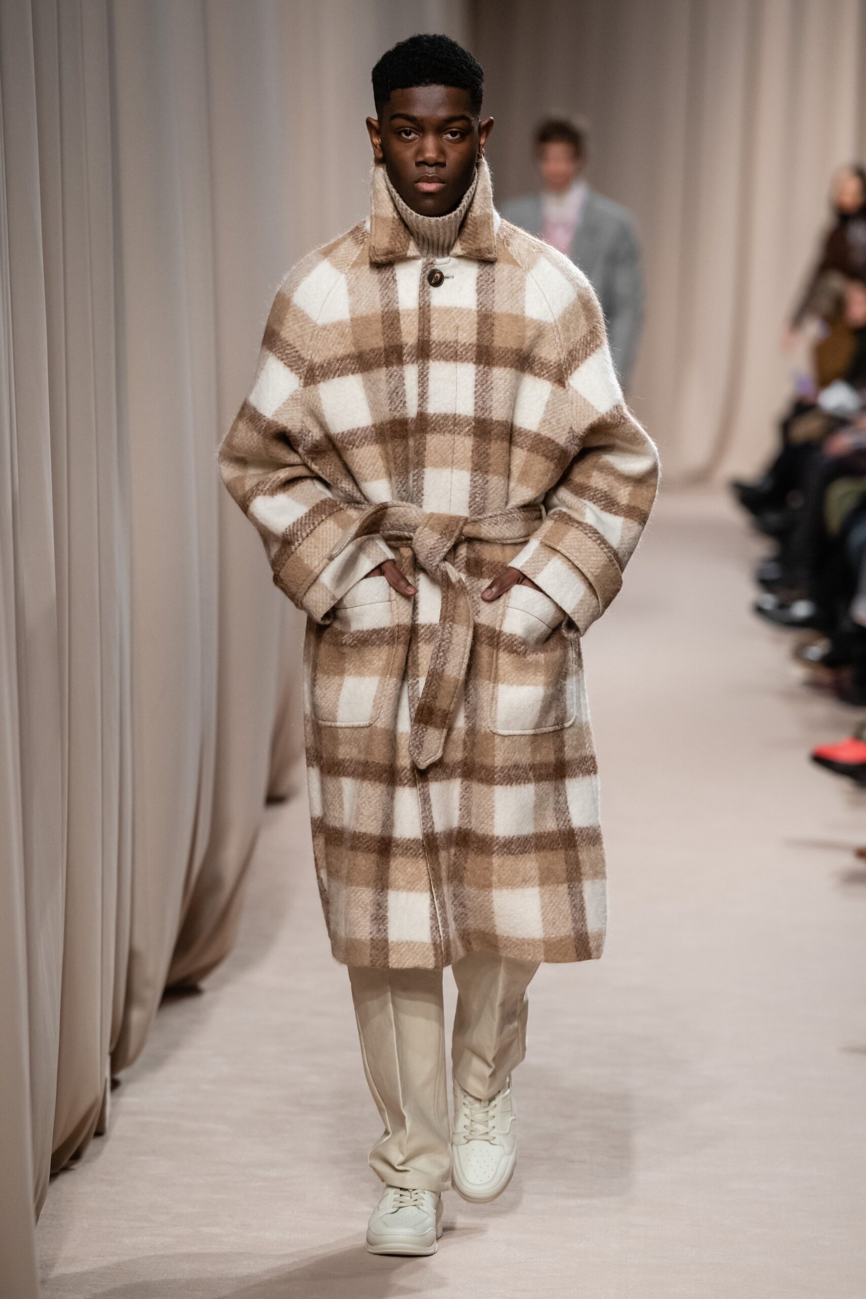 beige checked wool coat