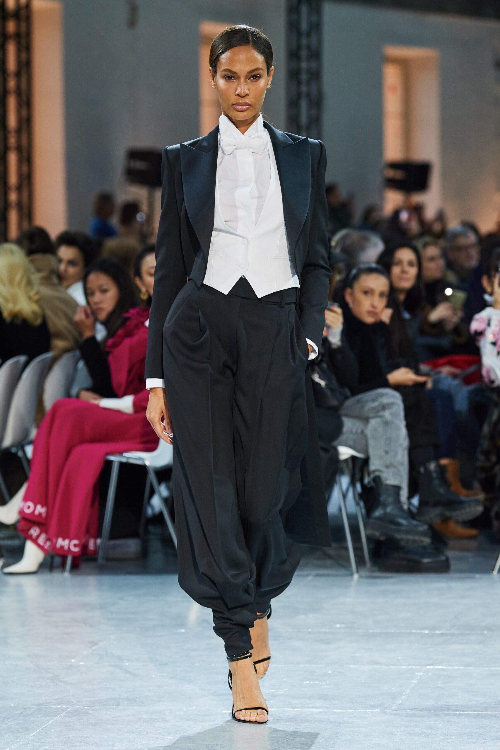 black tailored suit with white shirt