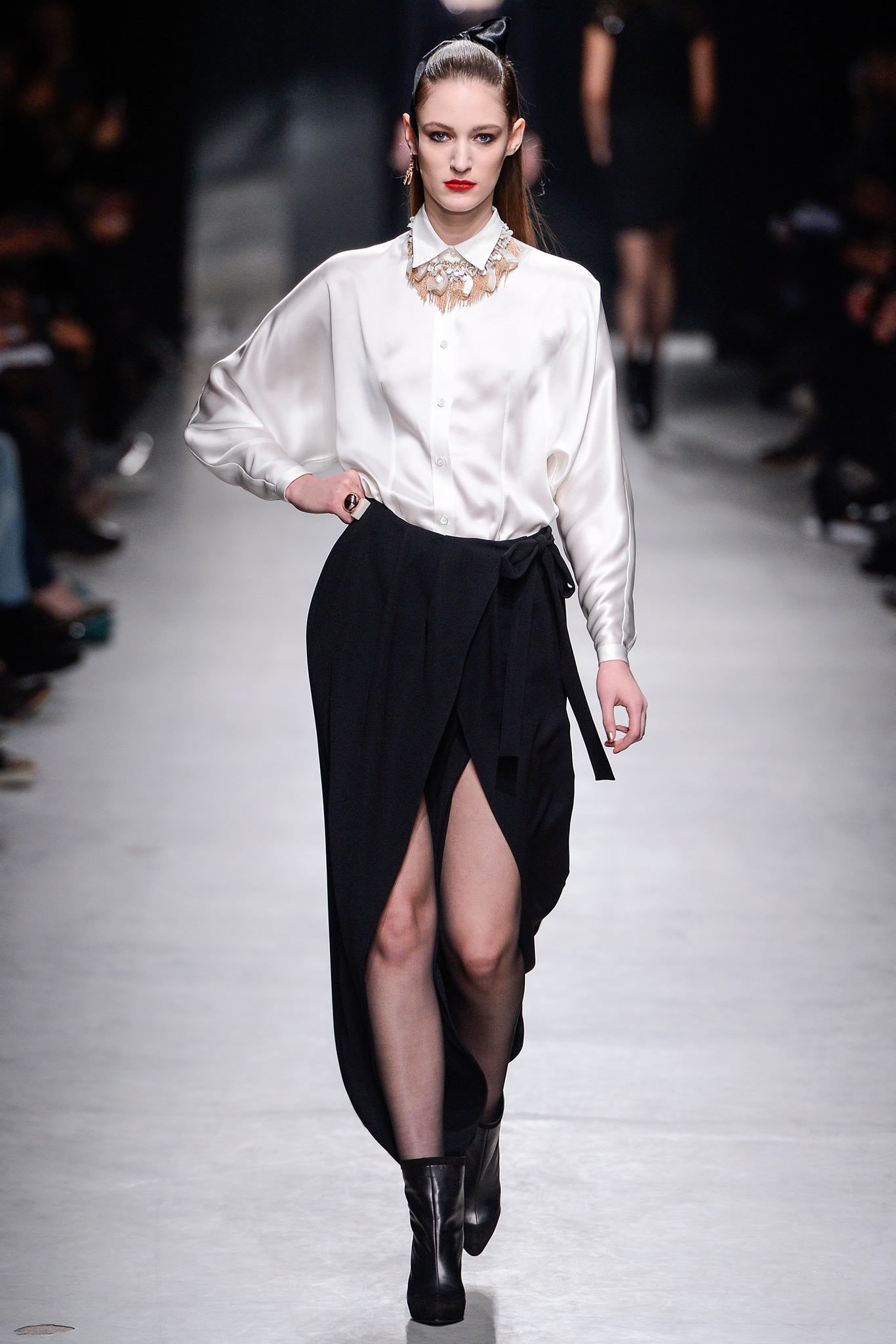 white silk shirt black skirt