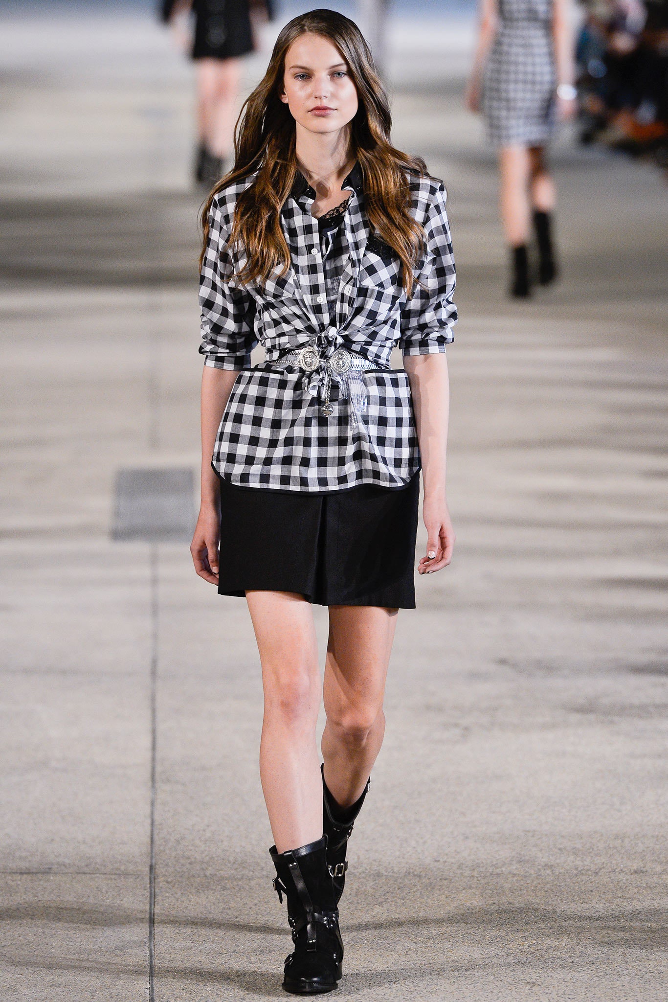 black and white checked shirt with skirt