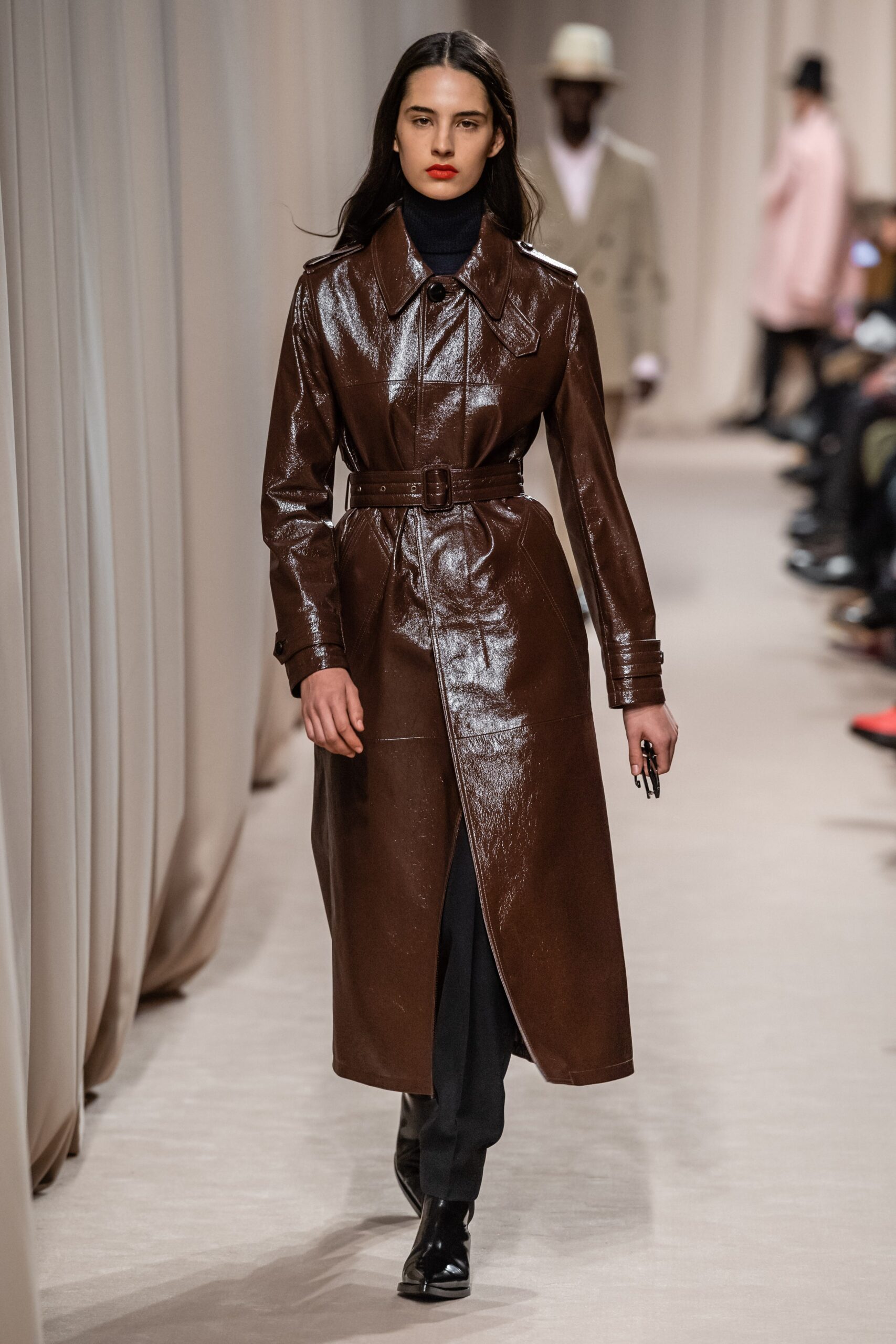 brown leather fitted trench coat