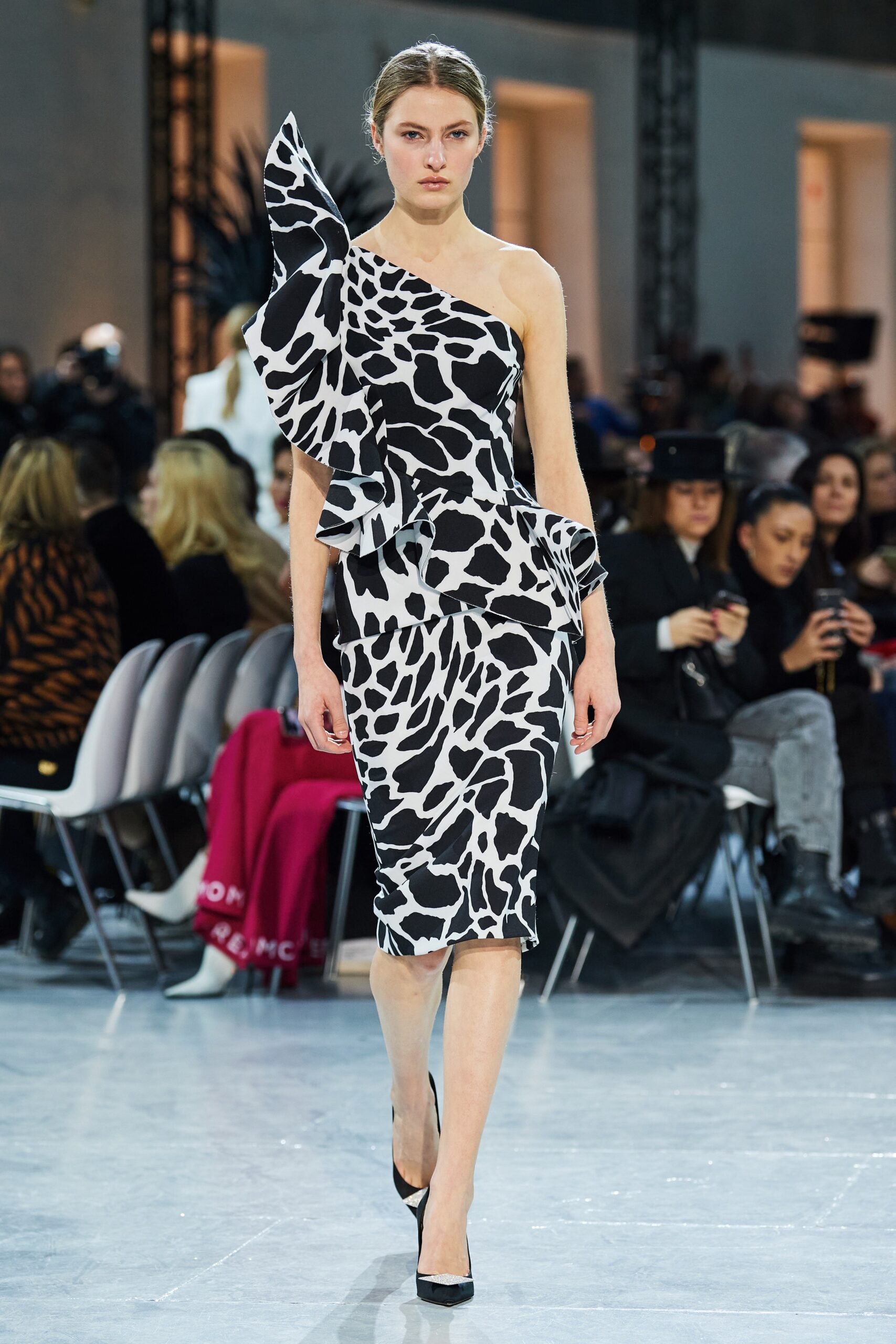 black and white ruffled midi dress