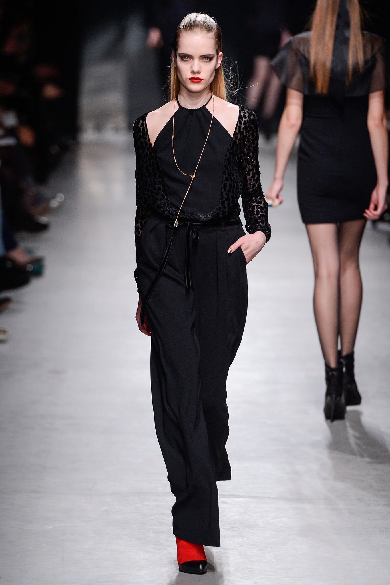 black silk top with tailored pants