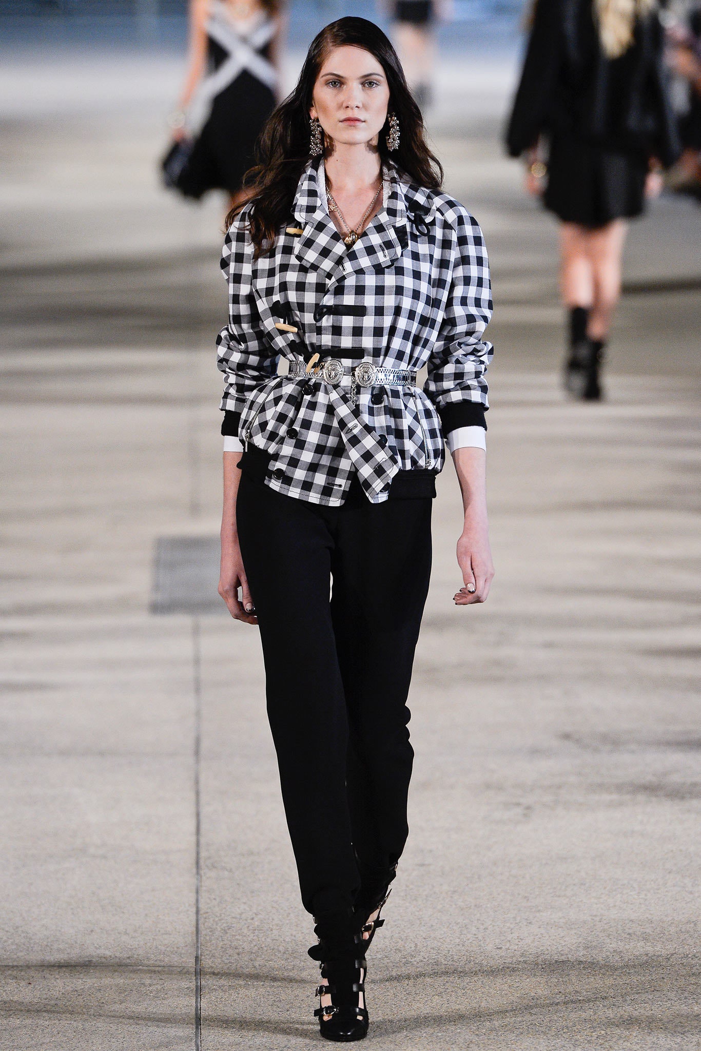 black and white checked blazer with slim pants