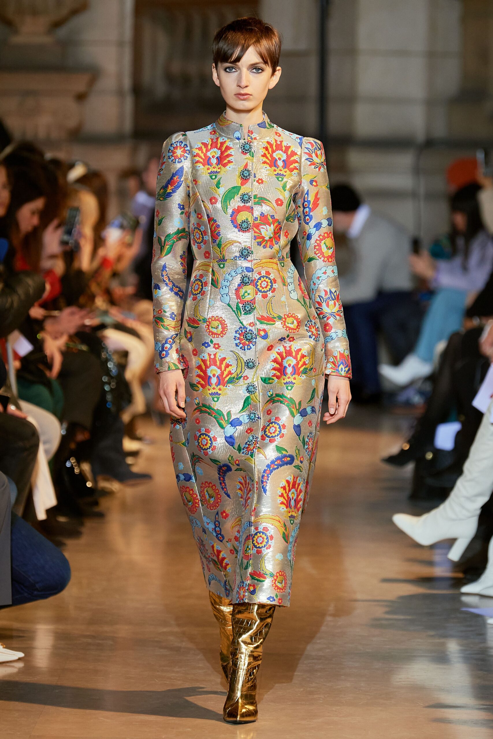 gold embroidered midi dress with boots