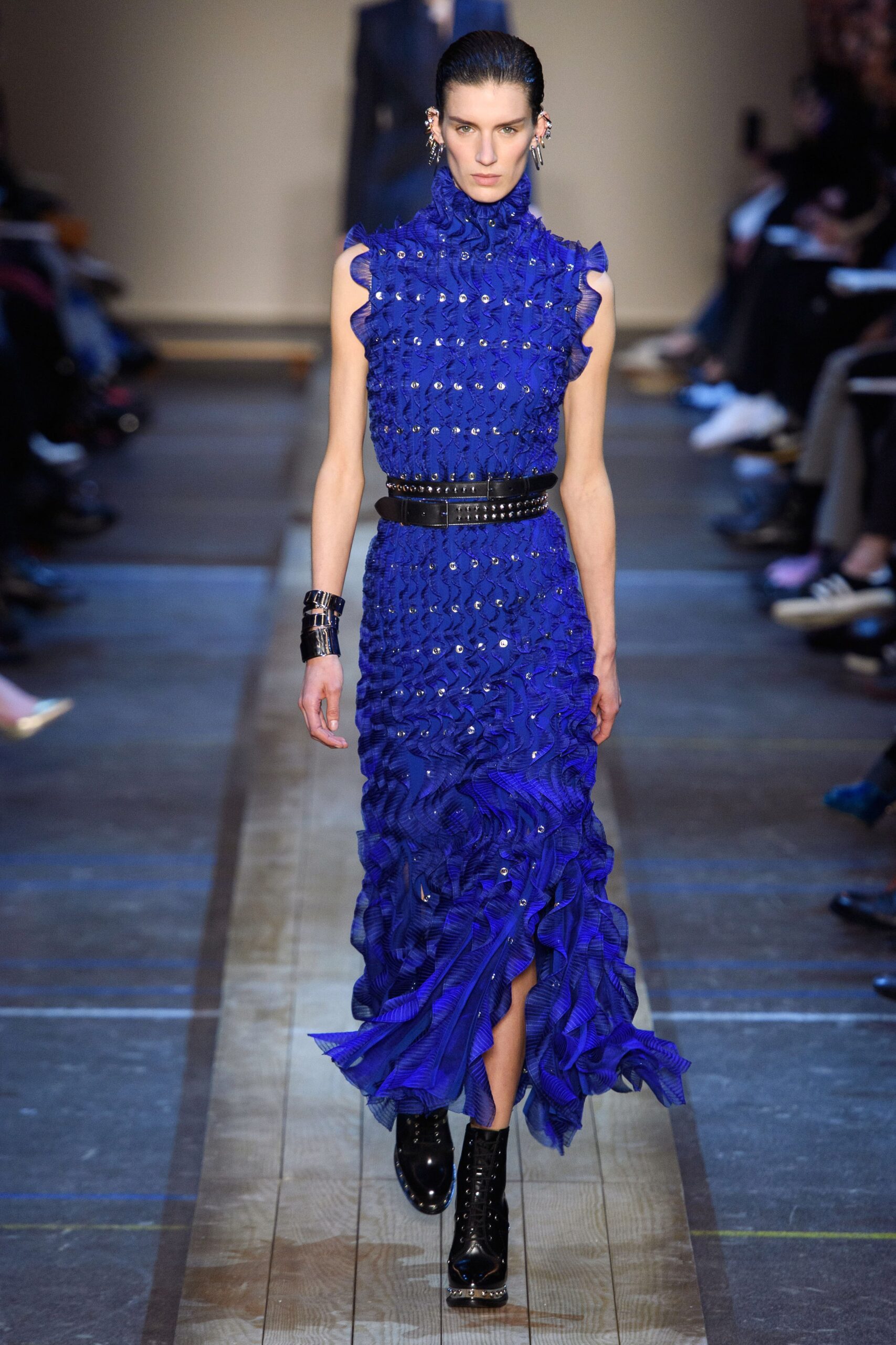 fitted blue silk ruffled dress