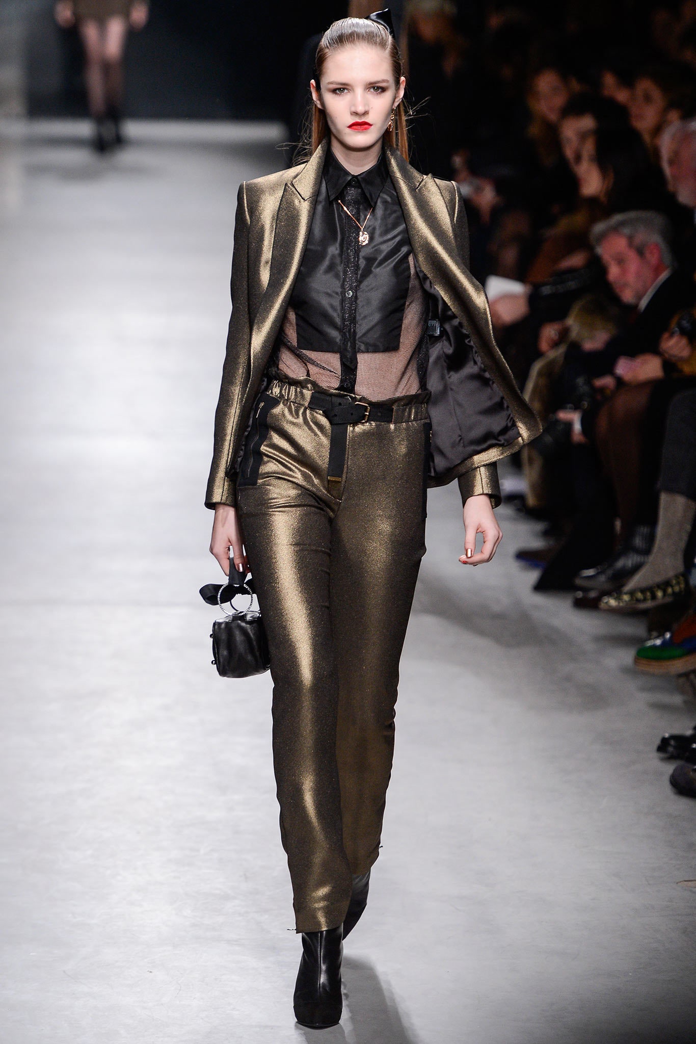 gold metallic long-sleeve collared tailored buttoned shiny blazer
