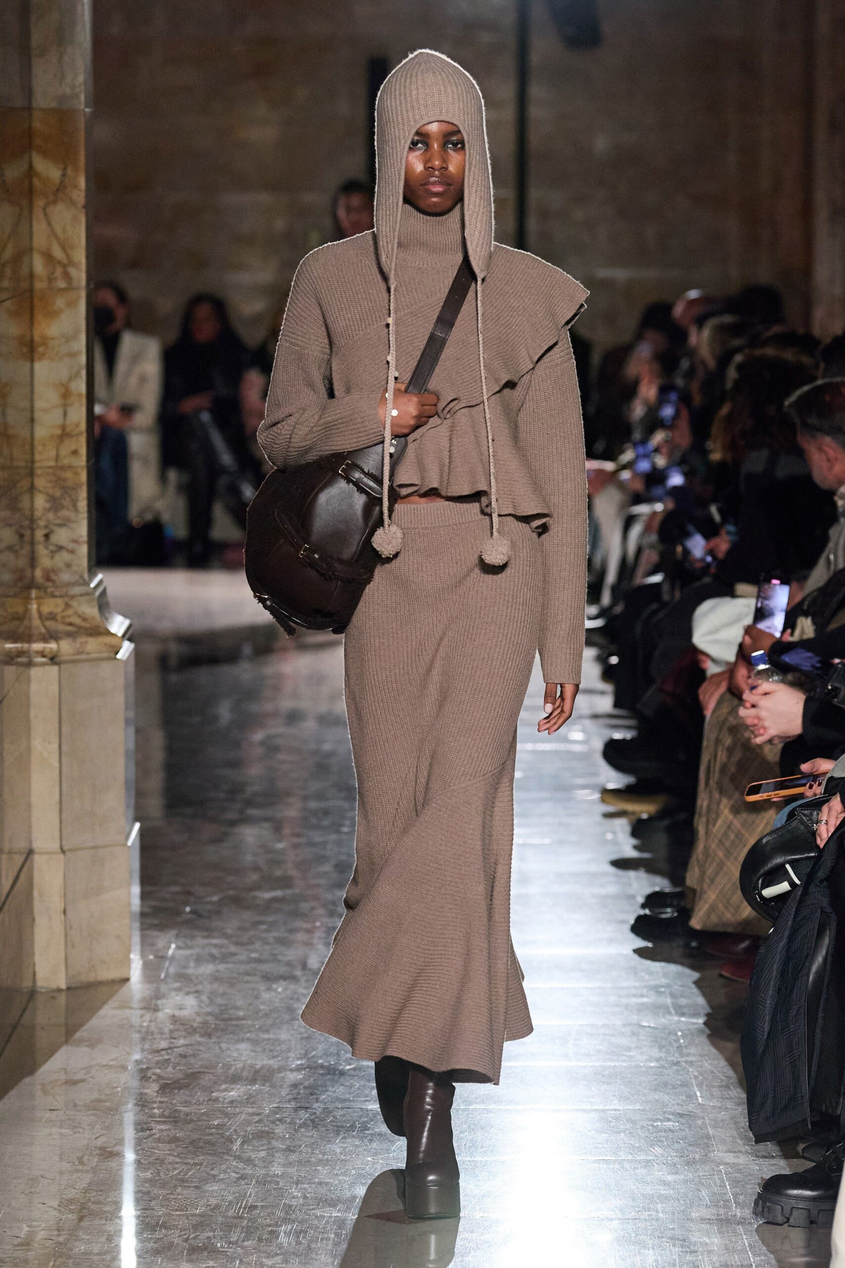 brown knit hooded fitted hat
