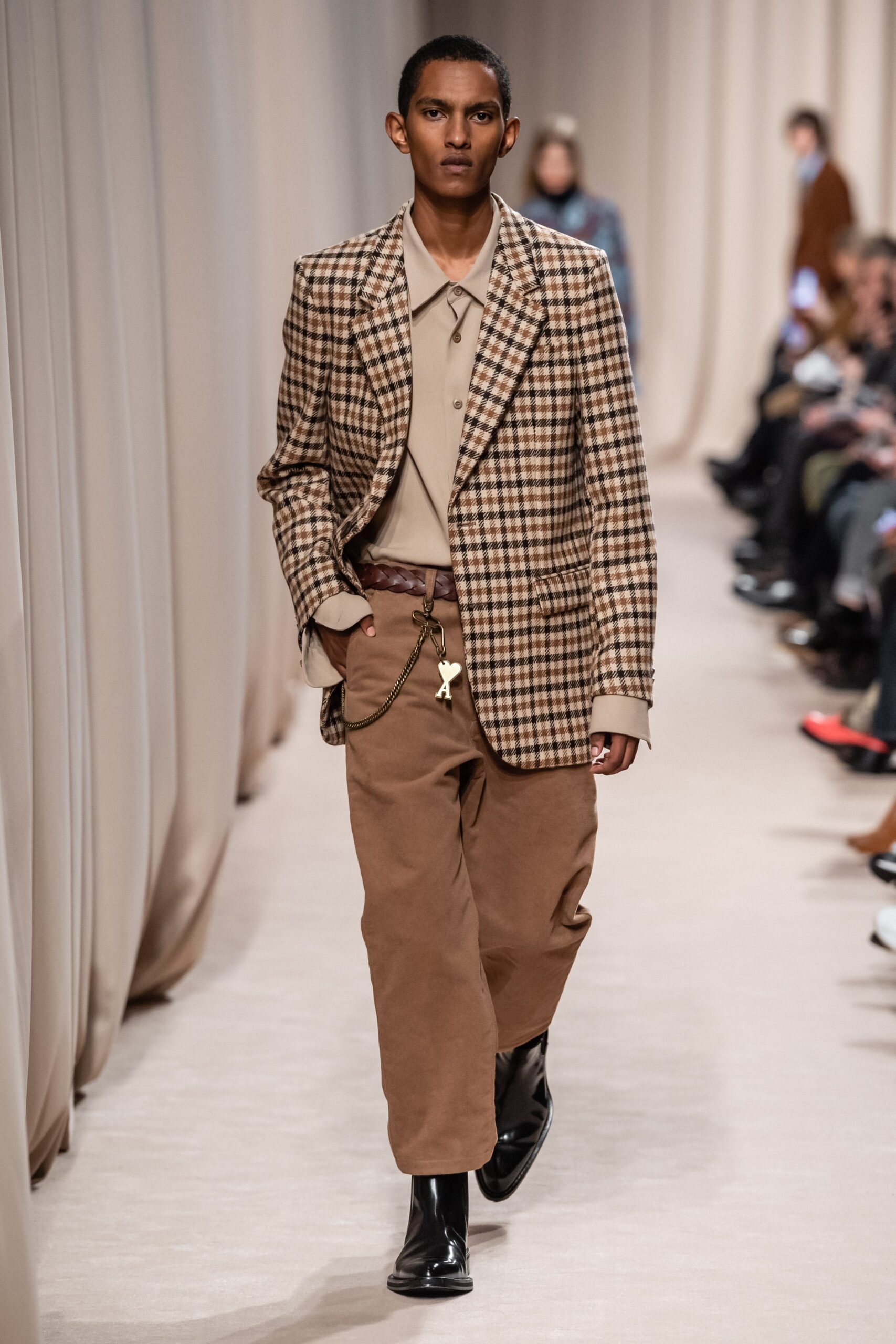 brown checked blazer with relaxed pants