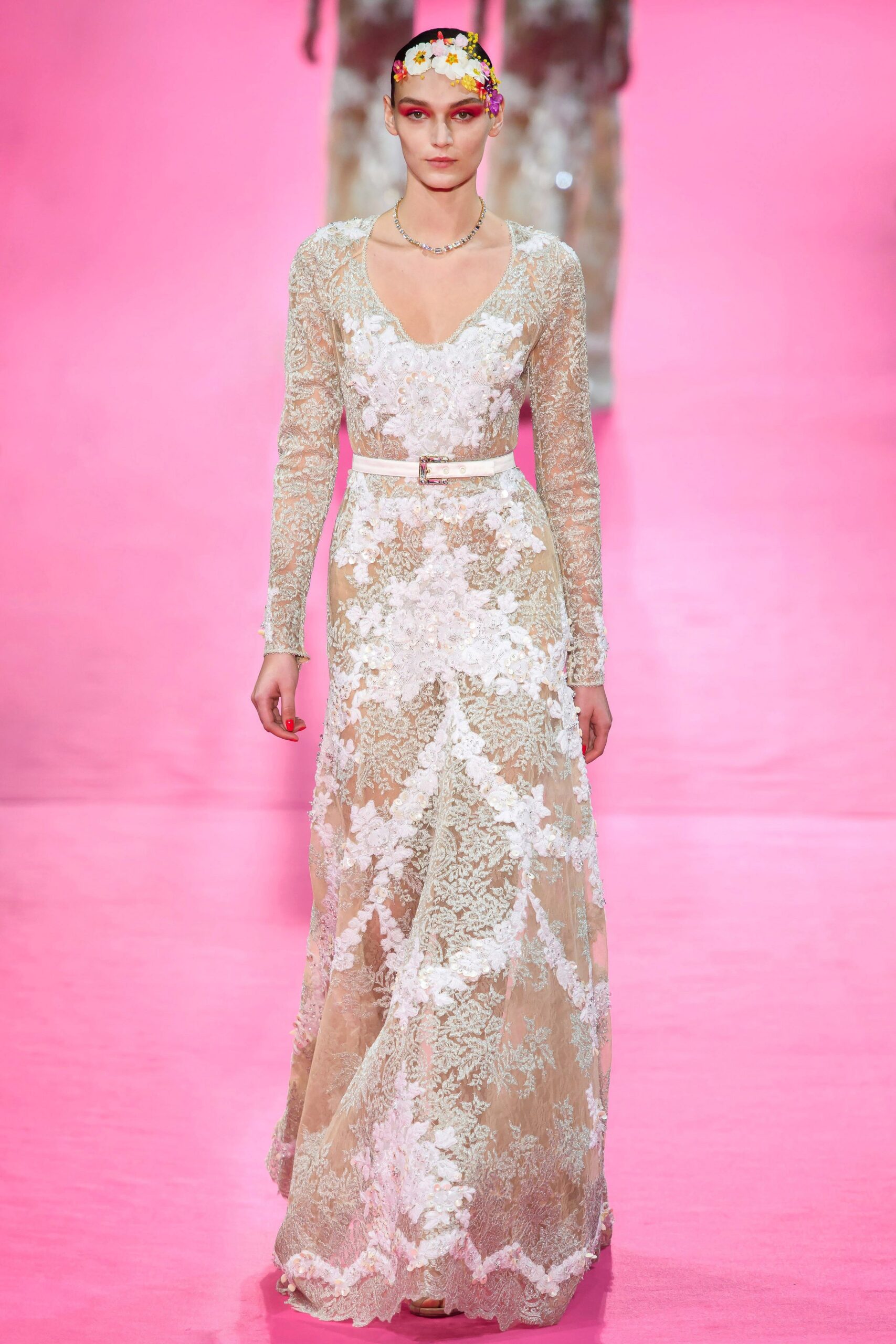 beige lace embroidered gown