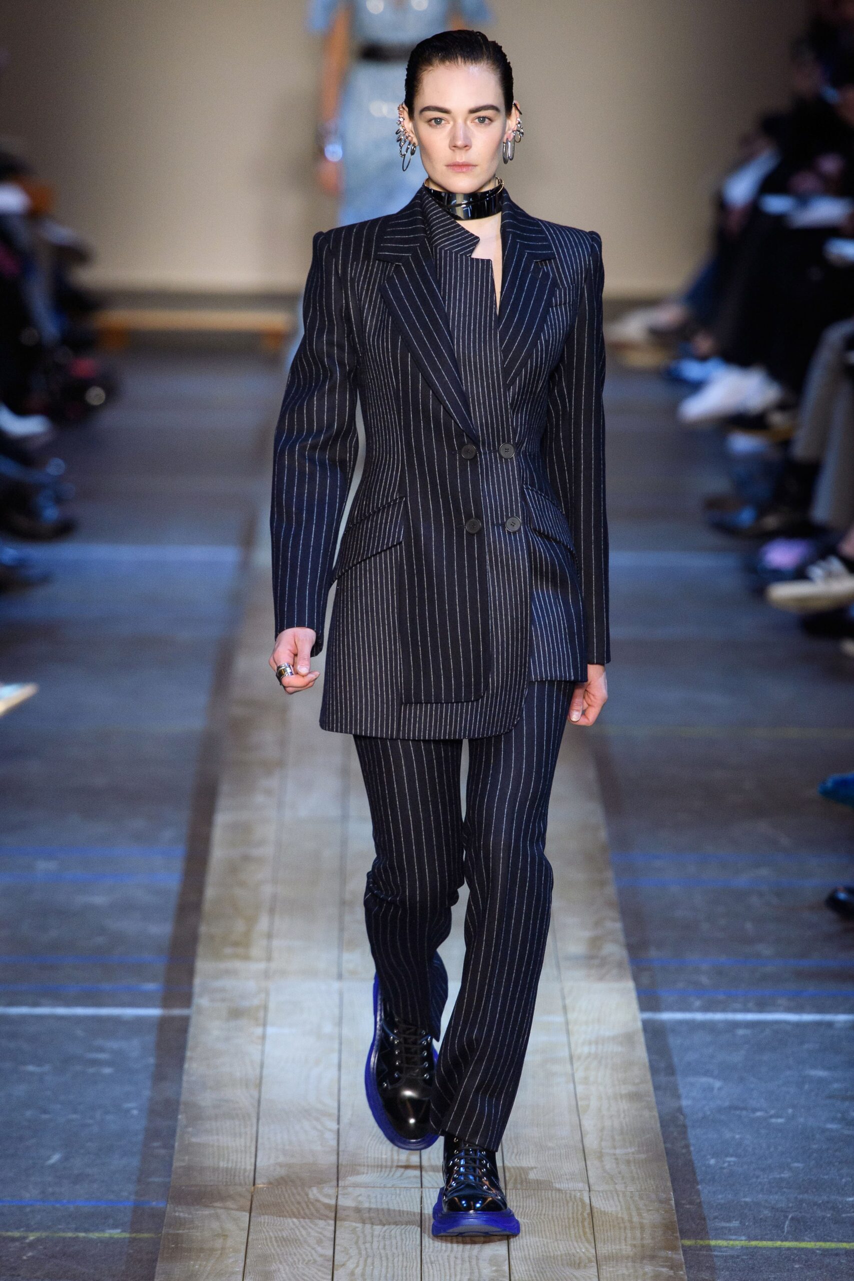 black and white striped tailored suit